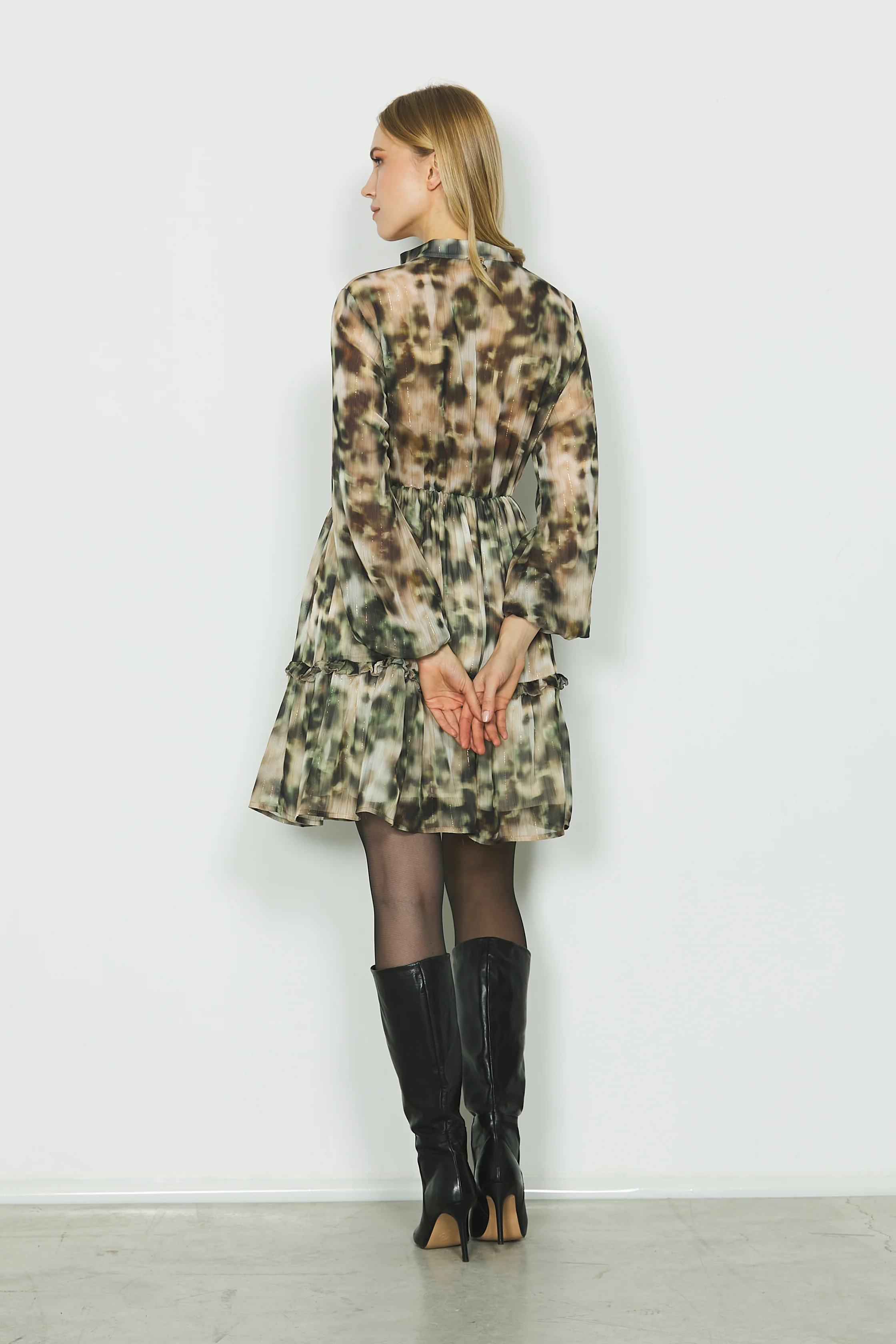 Abito JACOB corto manica lunga con arricci più elastico vita più balze più rouches f.camouflage - Image 3