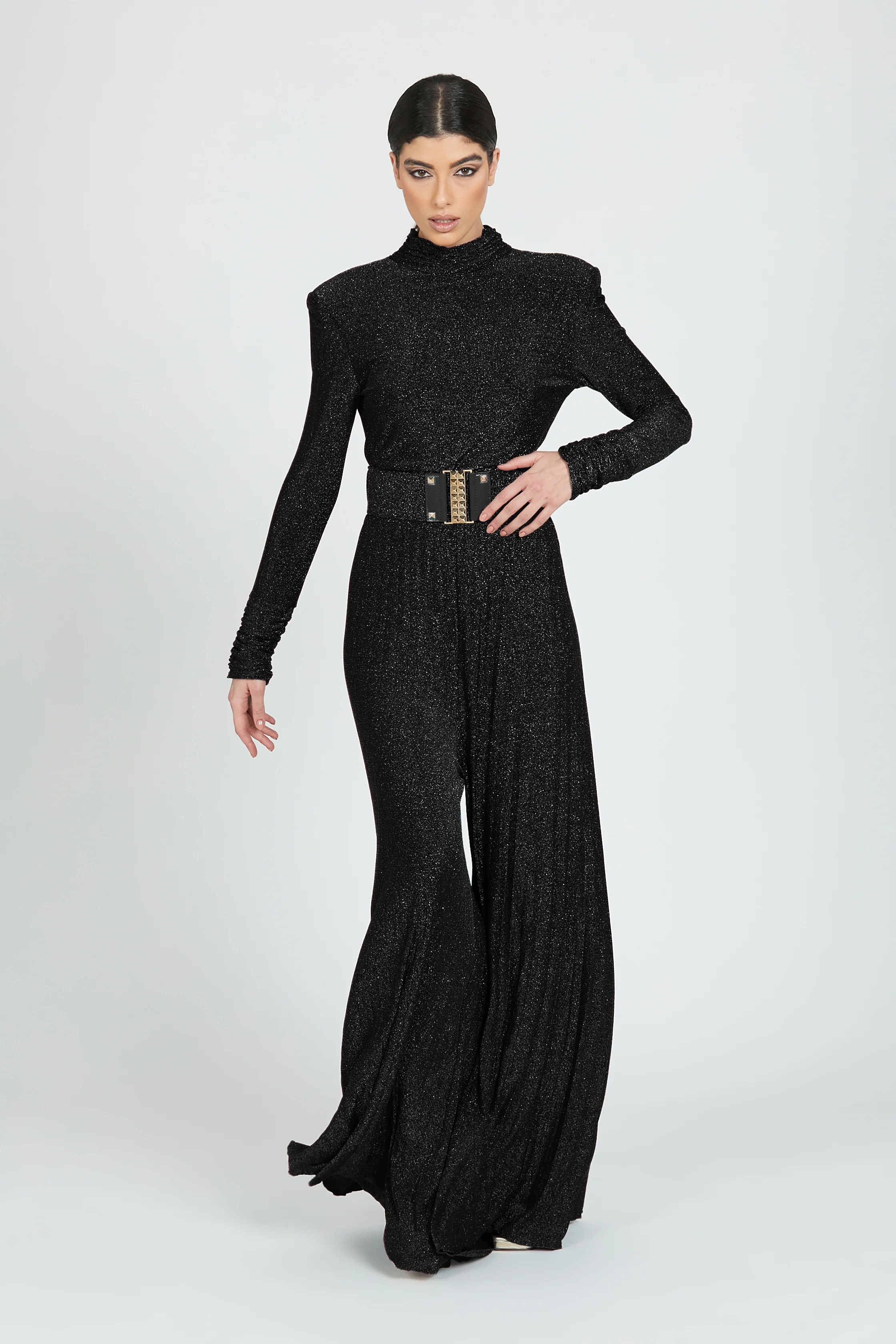 Jumpsuit MUSTAGH manica lunga colletto con arric. Più cintura ap.dietro plisse' lurex - Image 6