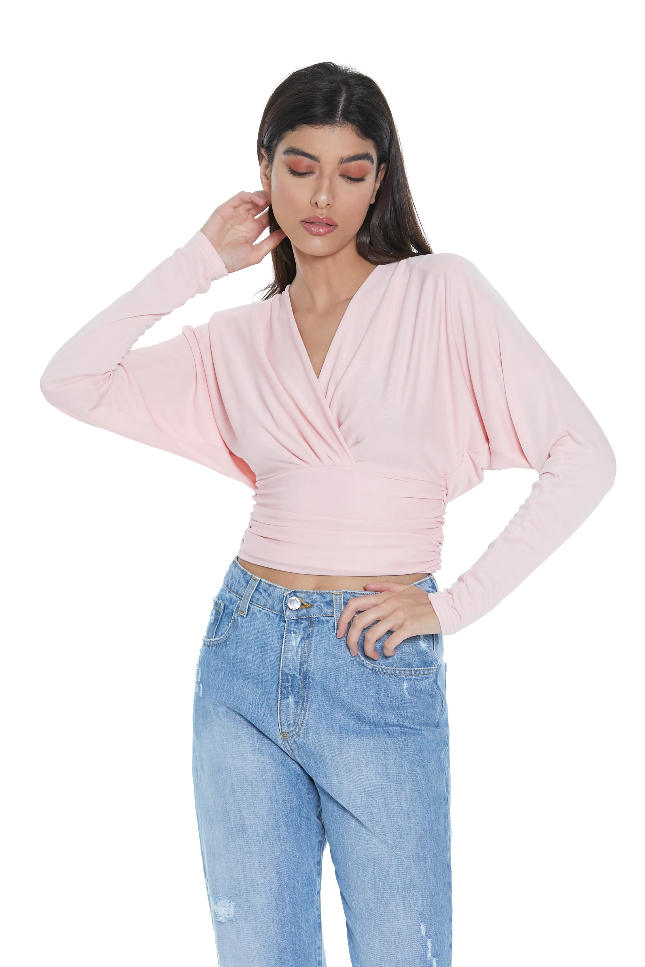 Blusa BETTY manica lunga pipistrello scollo incrocio con pieghe più arricci
