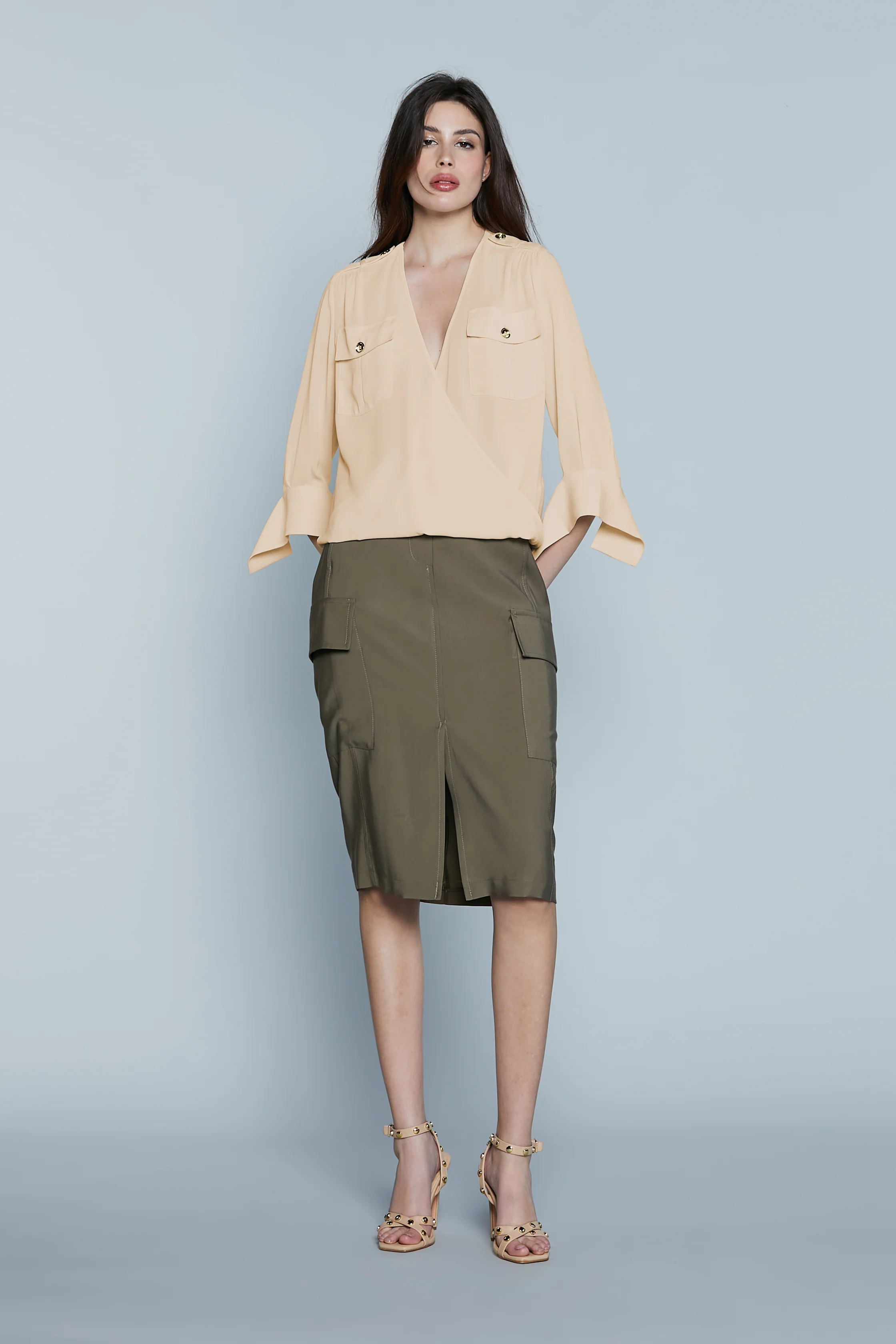 Blusa HARBARD_A M.3/4 con Polso Aperto Scollo Incrocio più Tasche più Alamari - Image 5