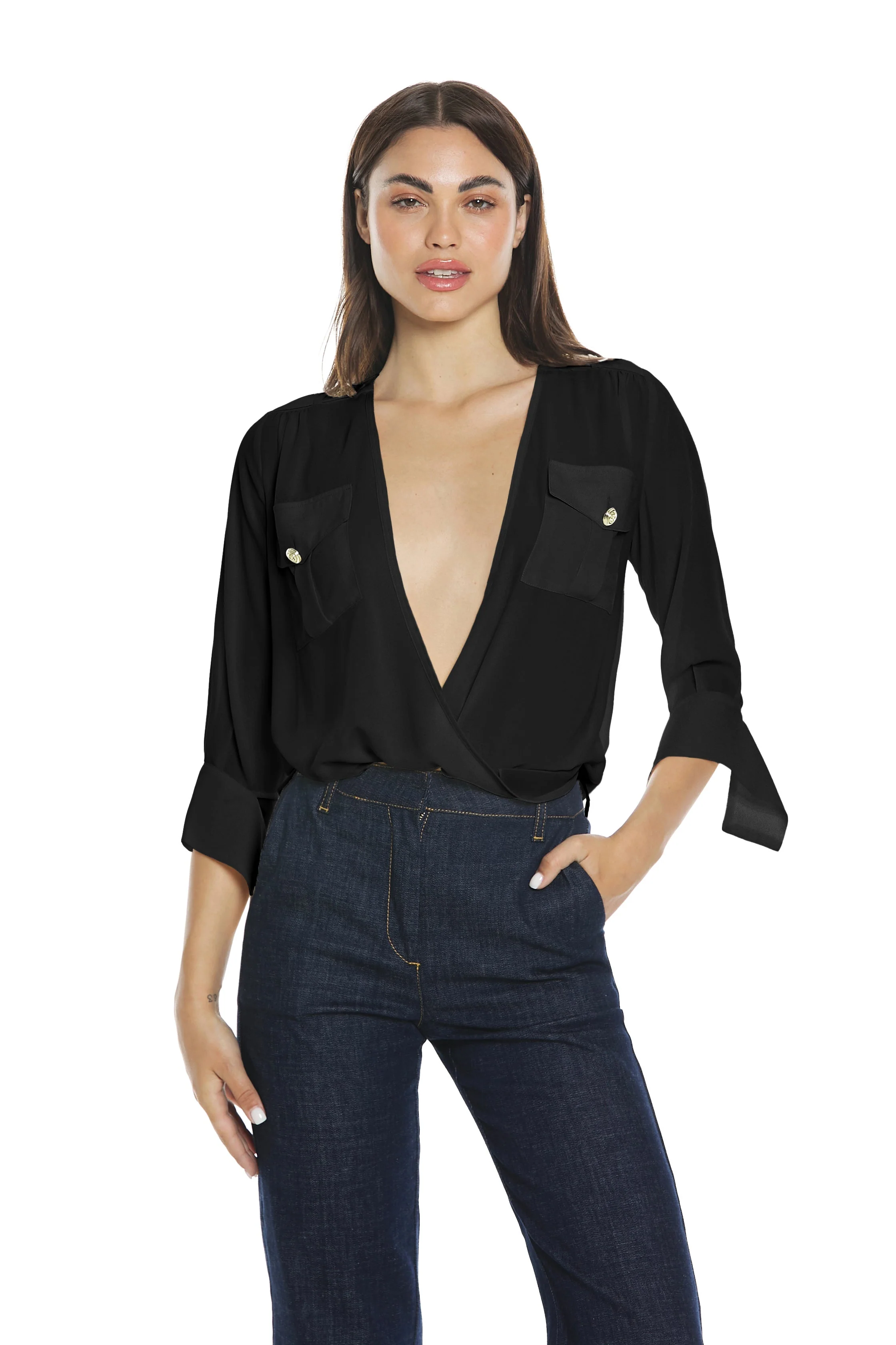 Blusa HARBARD m.3/4 con polso aerto scollo incrocio più tasche più alamari - Image 5