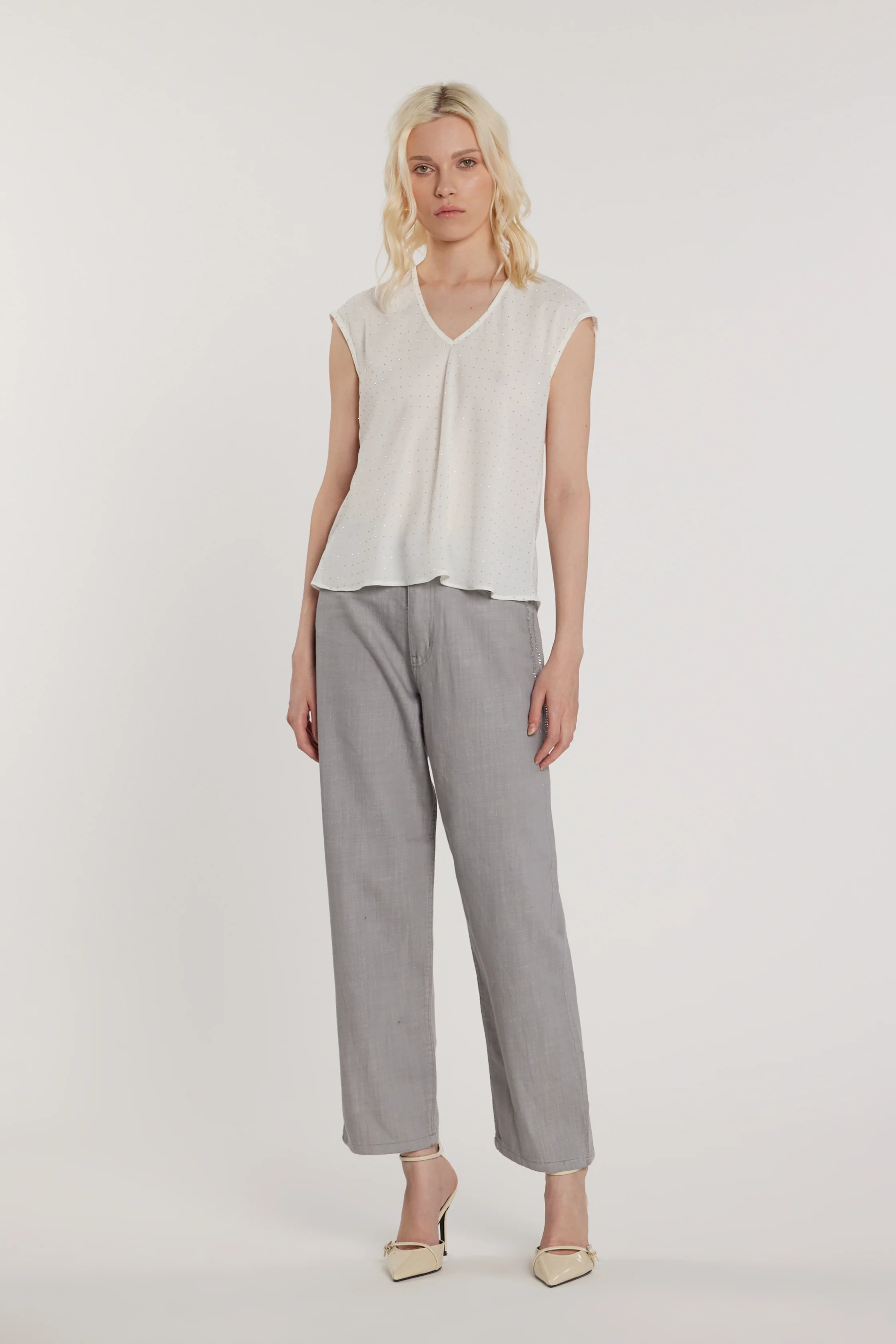 Blusa LAVOLPE maniche corte aletta scollo a V con strass all over - Image 5