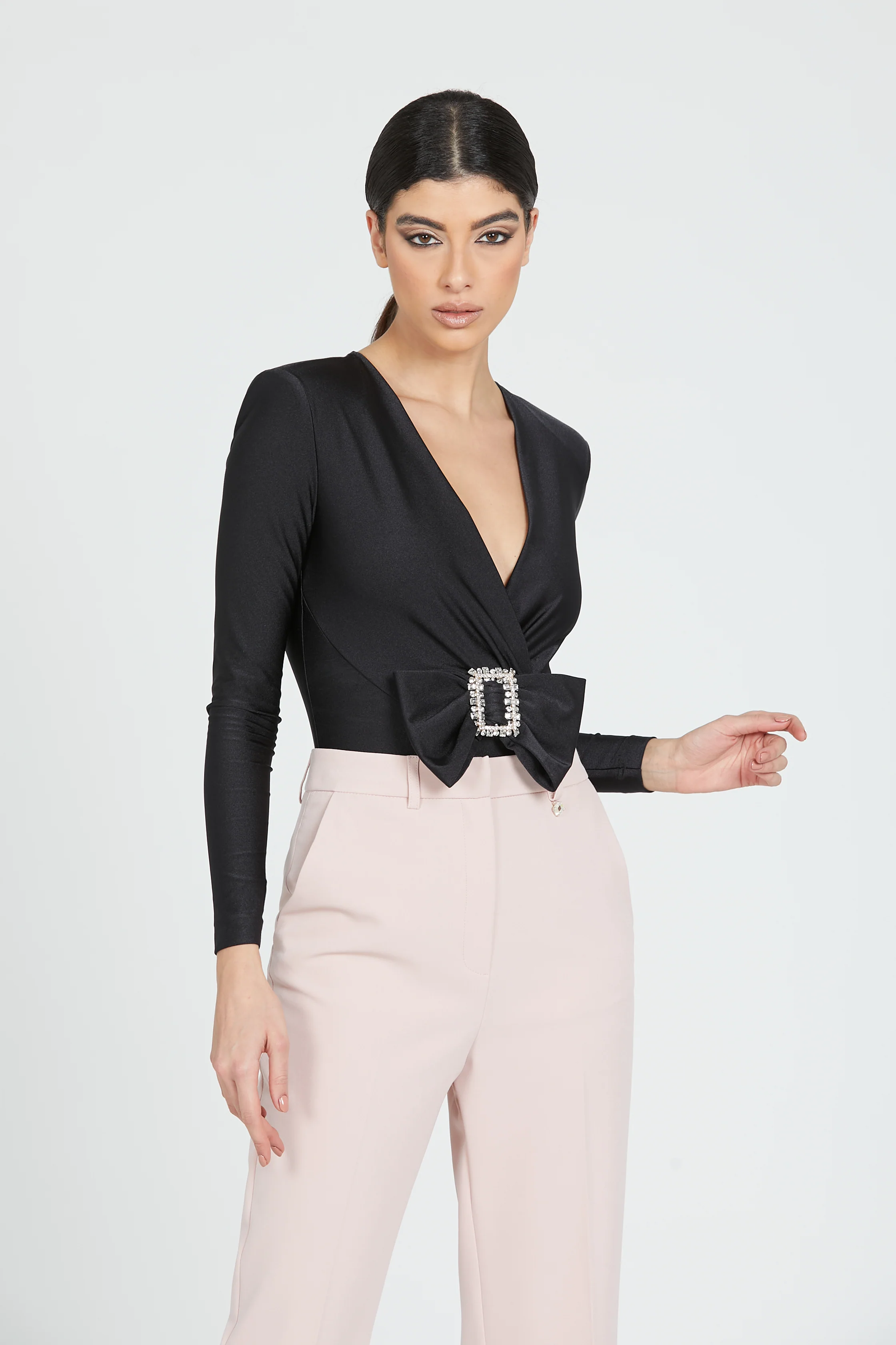 Blusa MUZTAGA manica lunga body incrocio più fiocco fibbia strass - Image 2