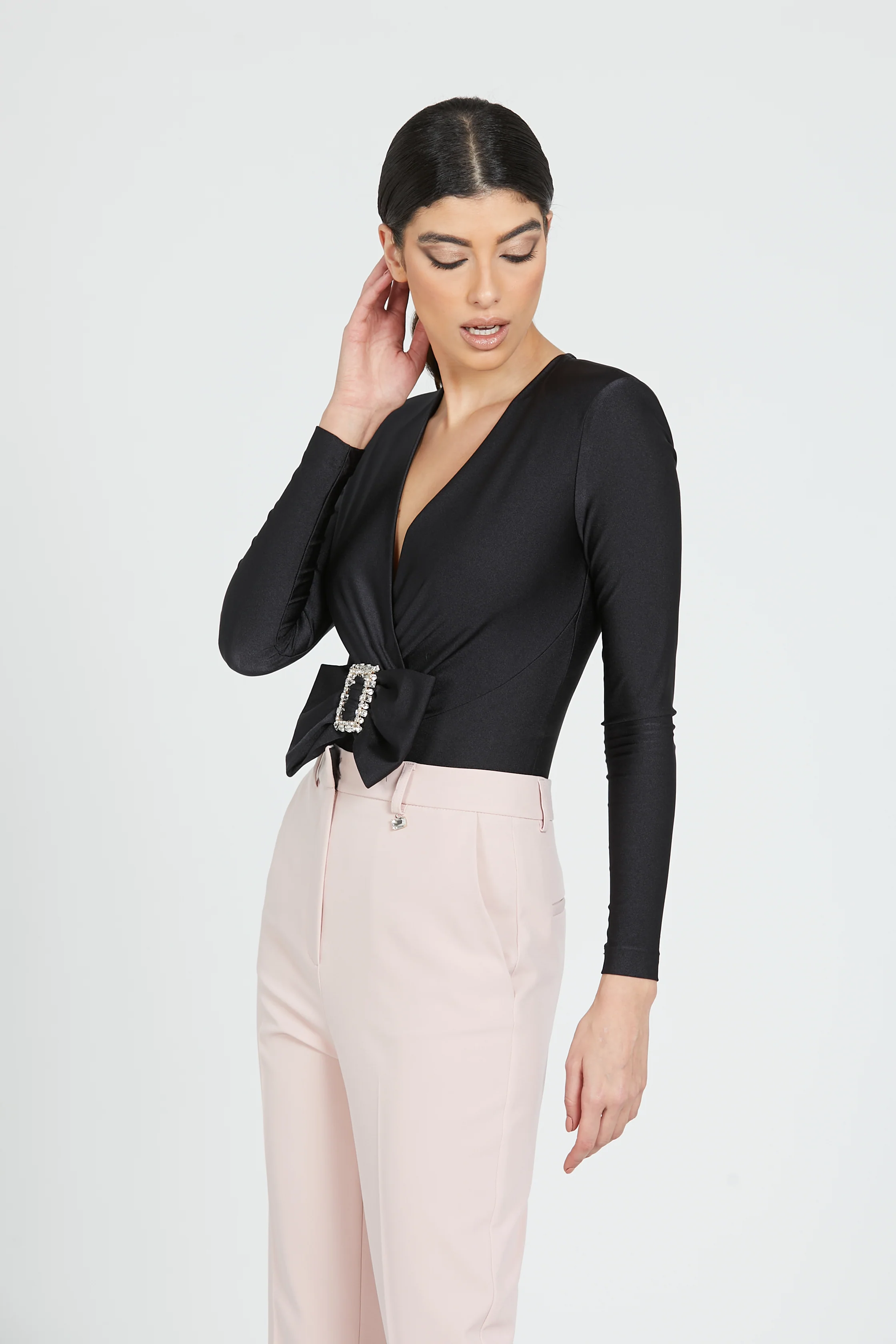 Blusa MUZTAGA manica lunga body incrocio più fiocco fibbia strass - Image 3