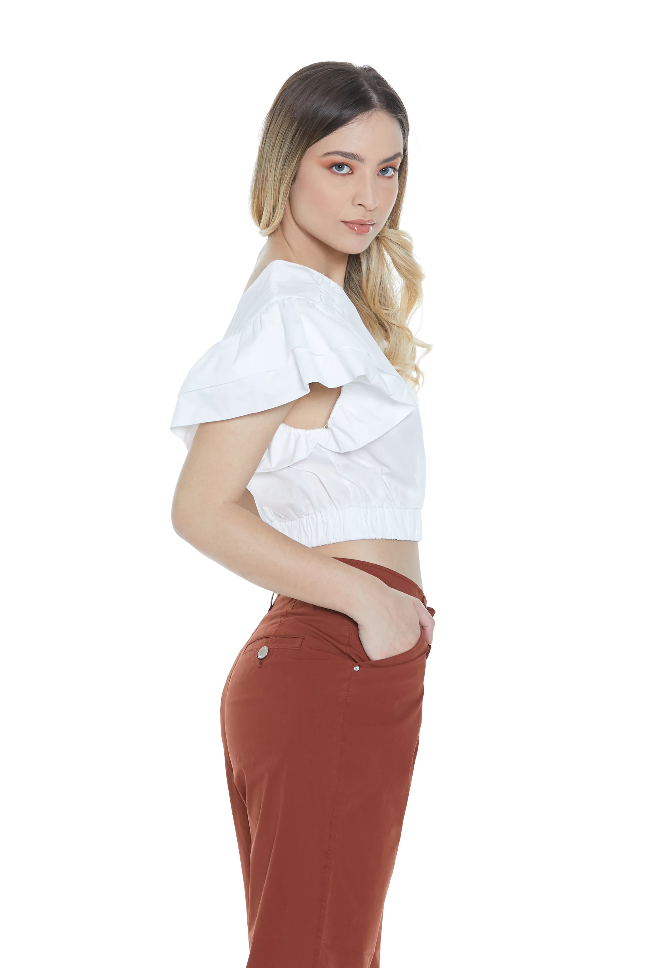Blusa OTSUKO corta mezza manica rouches doppio scollo incrocio con elastico fondo - Image 3