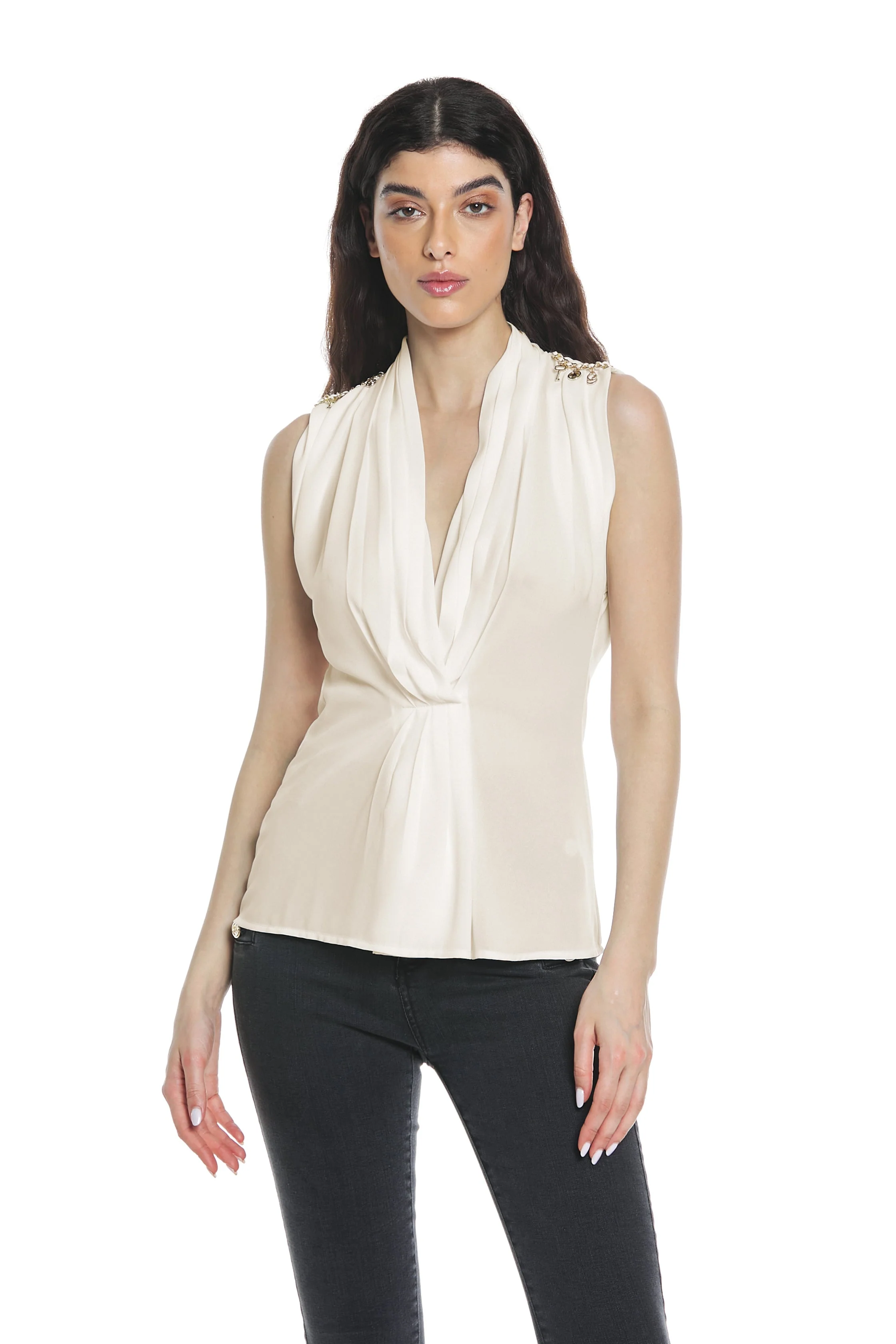 Blusa RUWAYD mezza manica aletta scollo incrocio con pieghe più applicazioni spalle - Image 7