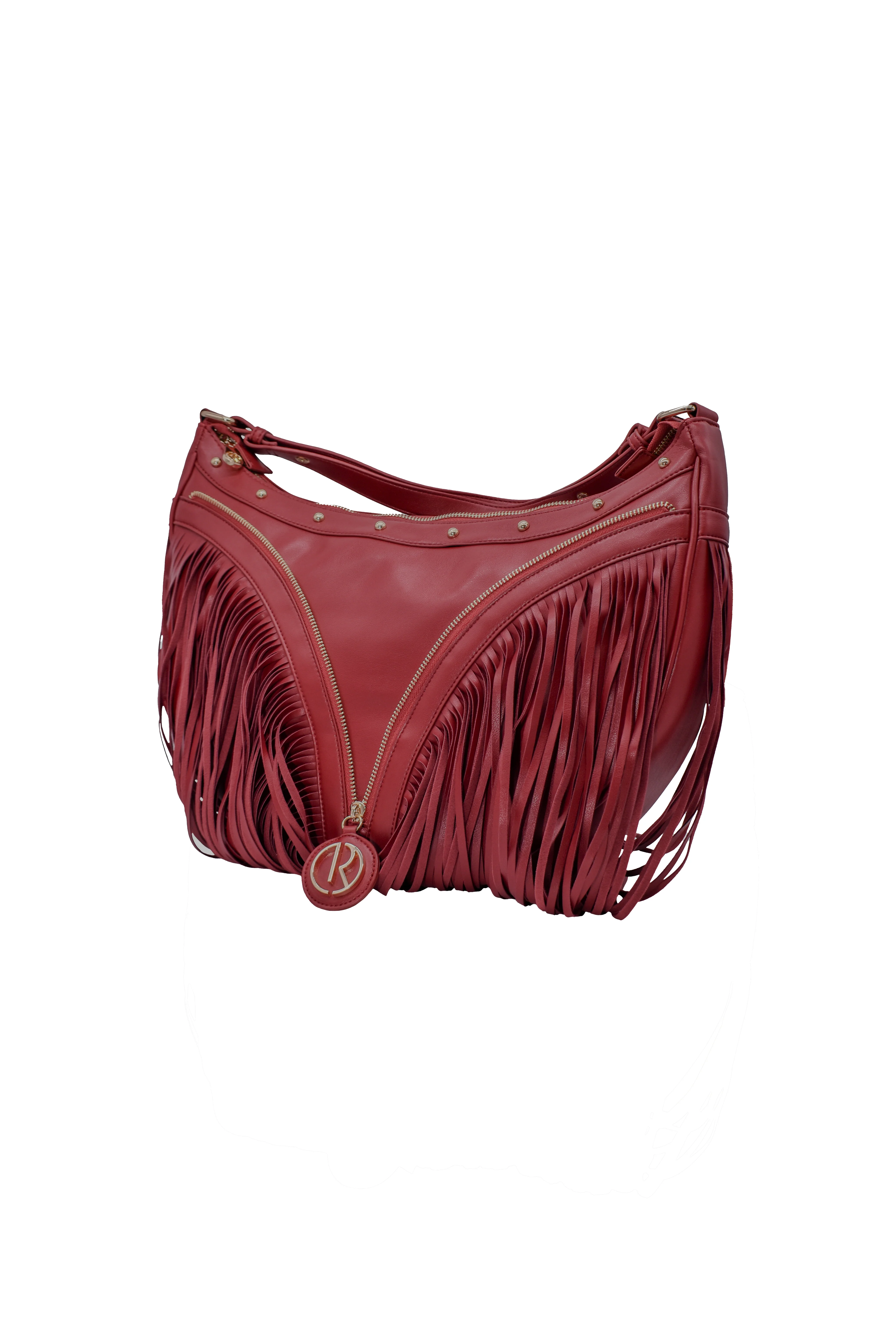 Borsa FLOYD_BIG mezza luna 1 manico con zip più borchie più logo più frange ecopelle - Image 2