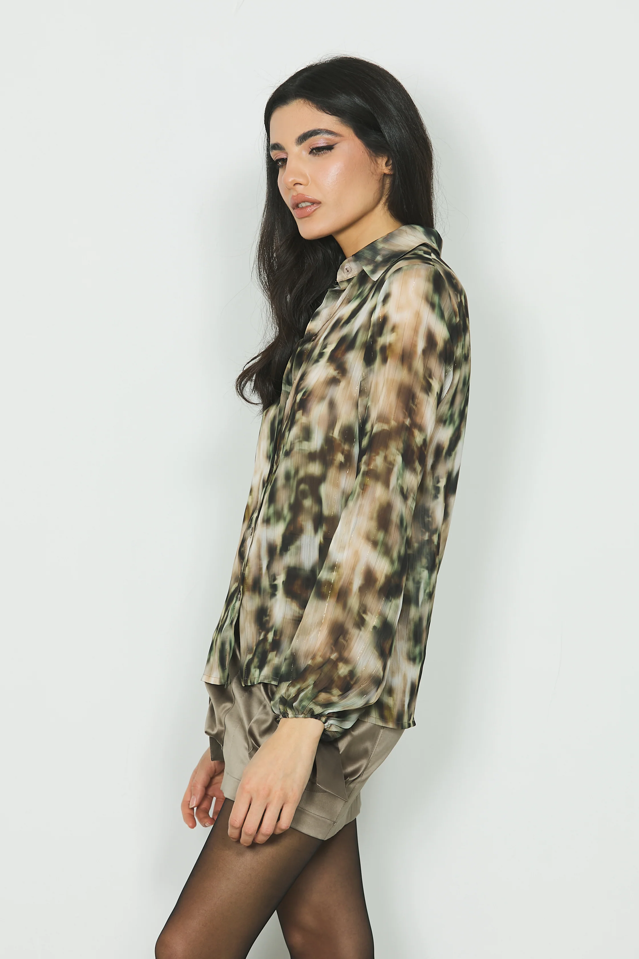 Camicia ALESSIA con arricci fantasia camouflage più lurex - Image 2
