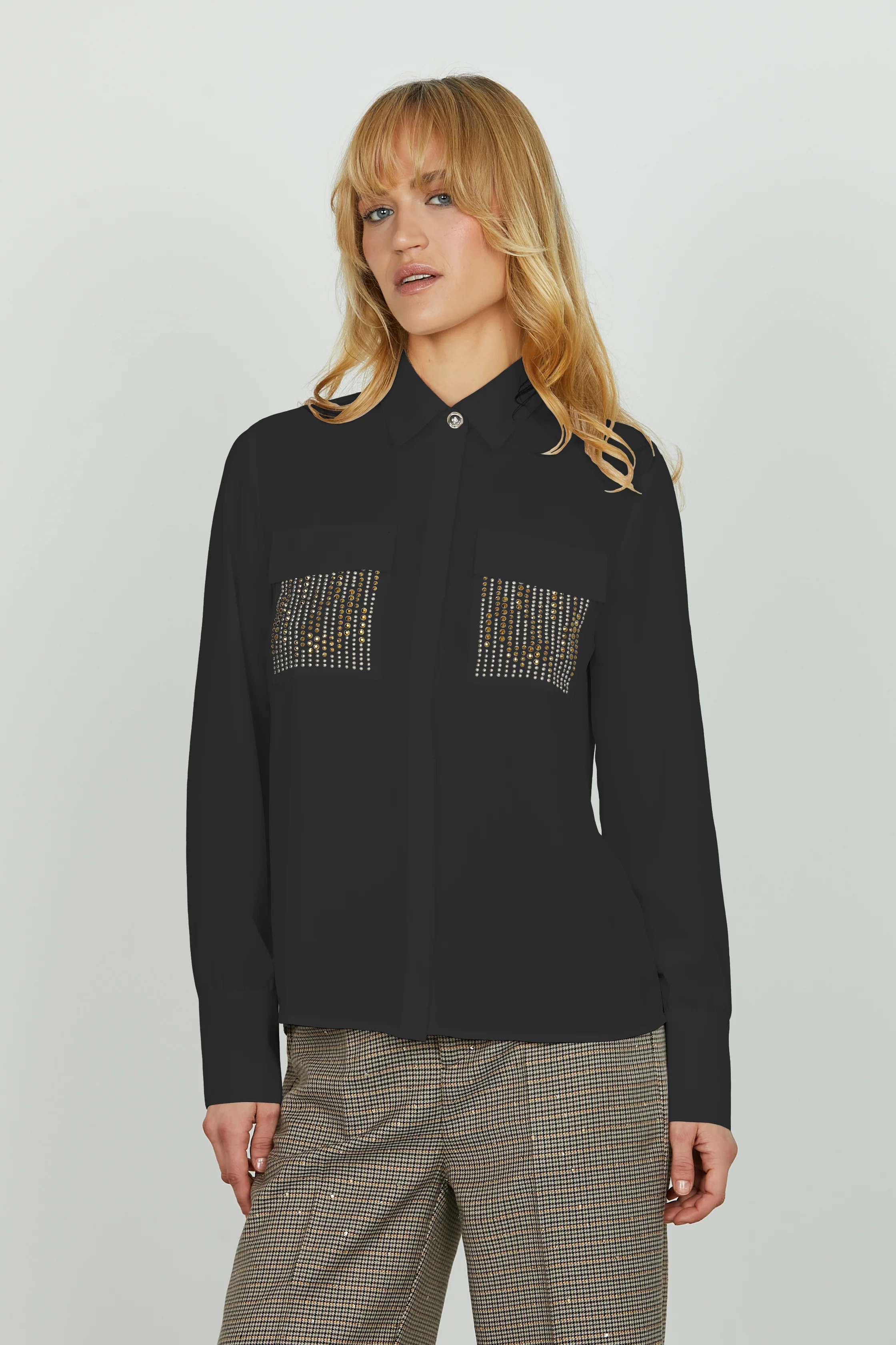 Camicia JUWELL manica lunga con tasche con strass più borchie più patte - Image 6