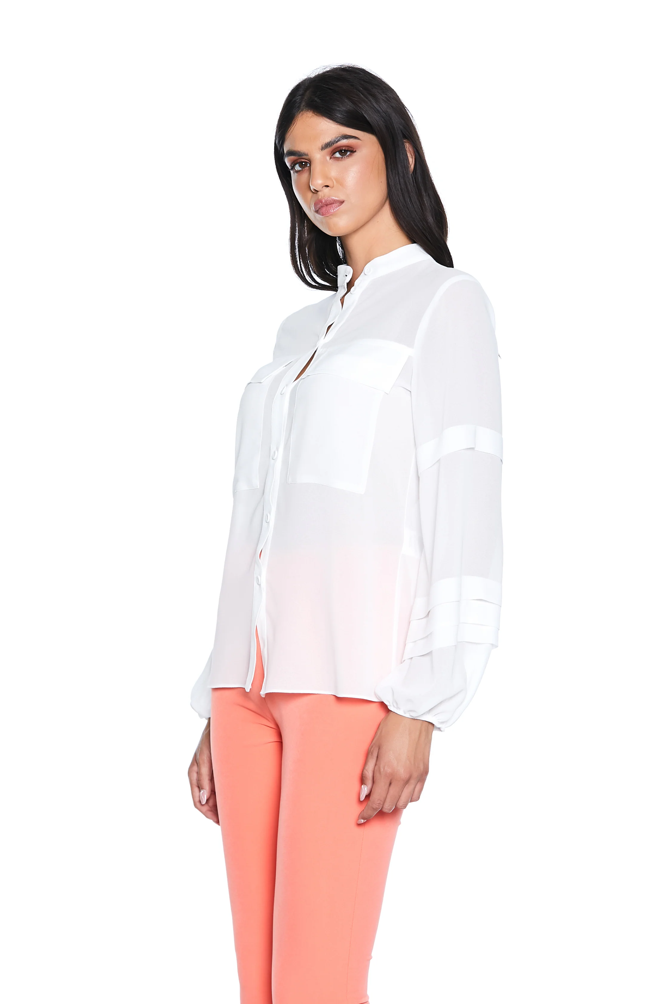 Camicia KISSME manica lunga con pieghe più arricci scollo koreana con tasche - Image 3