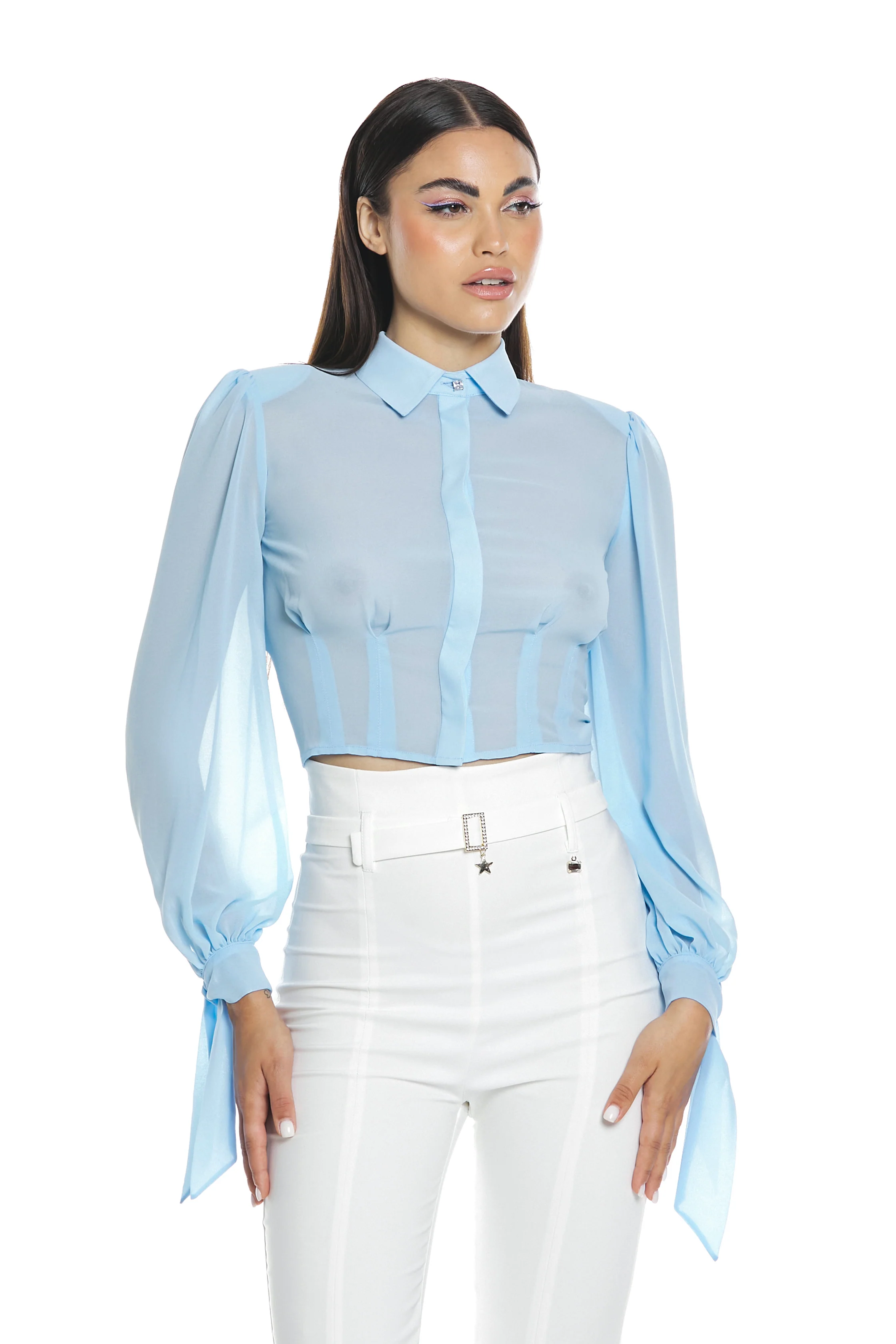 Camicia STIBILITE corta manica lunga con fiocco più pinces più bottone gioiello - Image 2