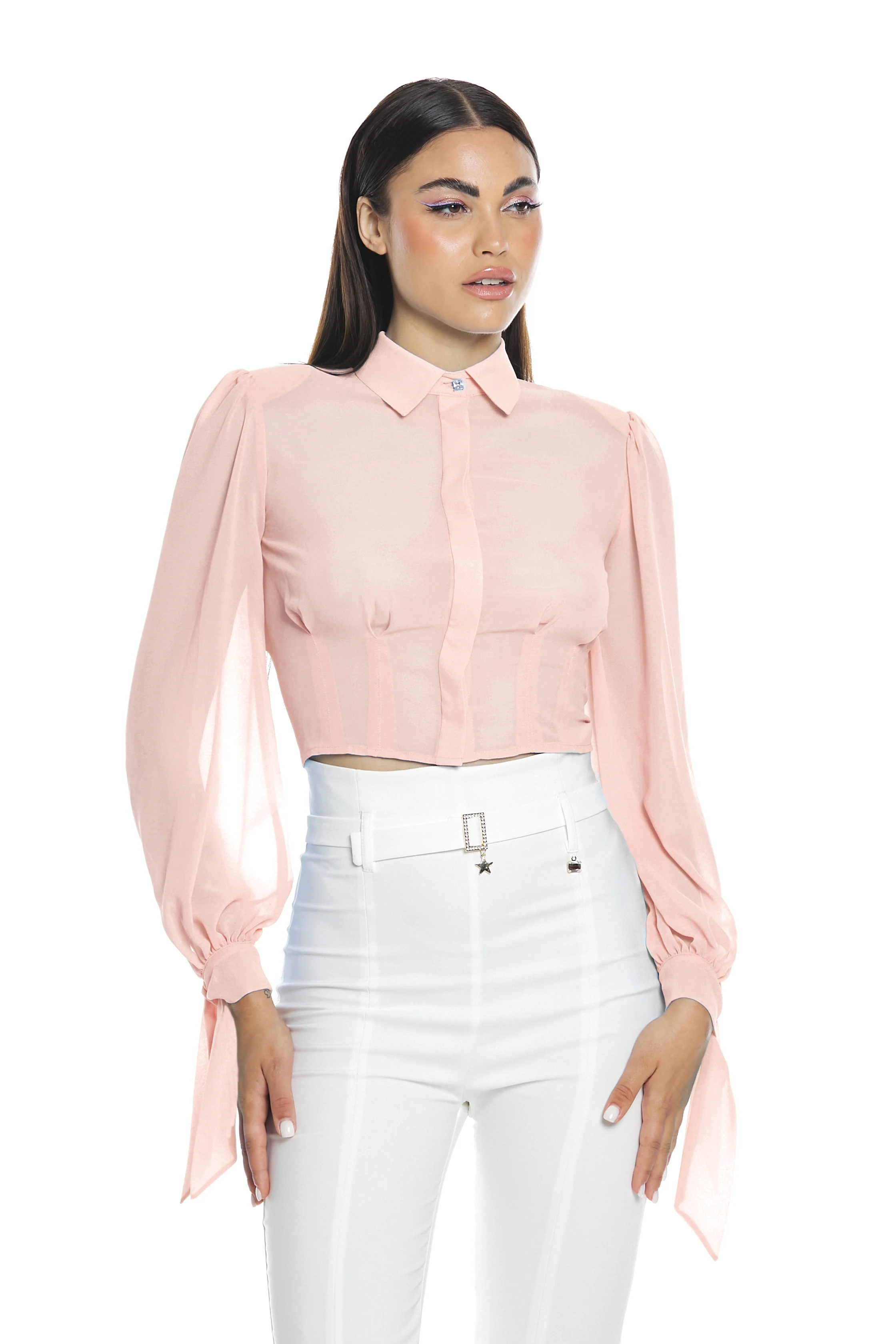 Camicia STIBILITE corta manica lunga con fiocco più pinces più bottone gioiello - Image 6