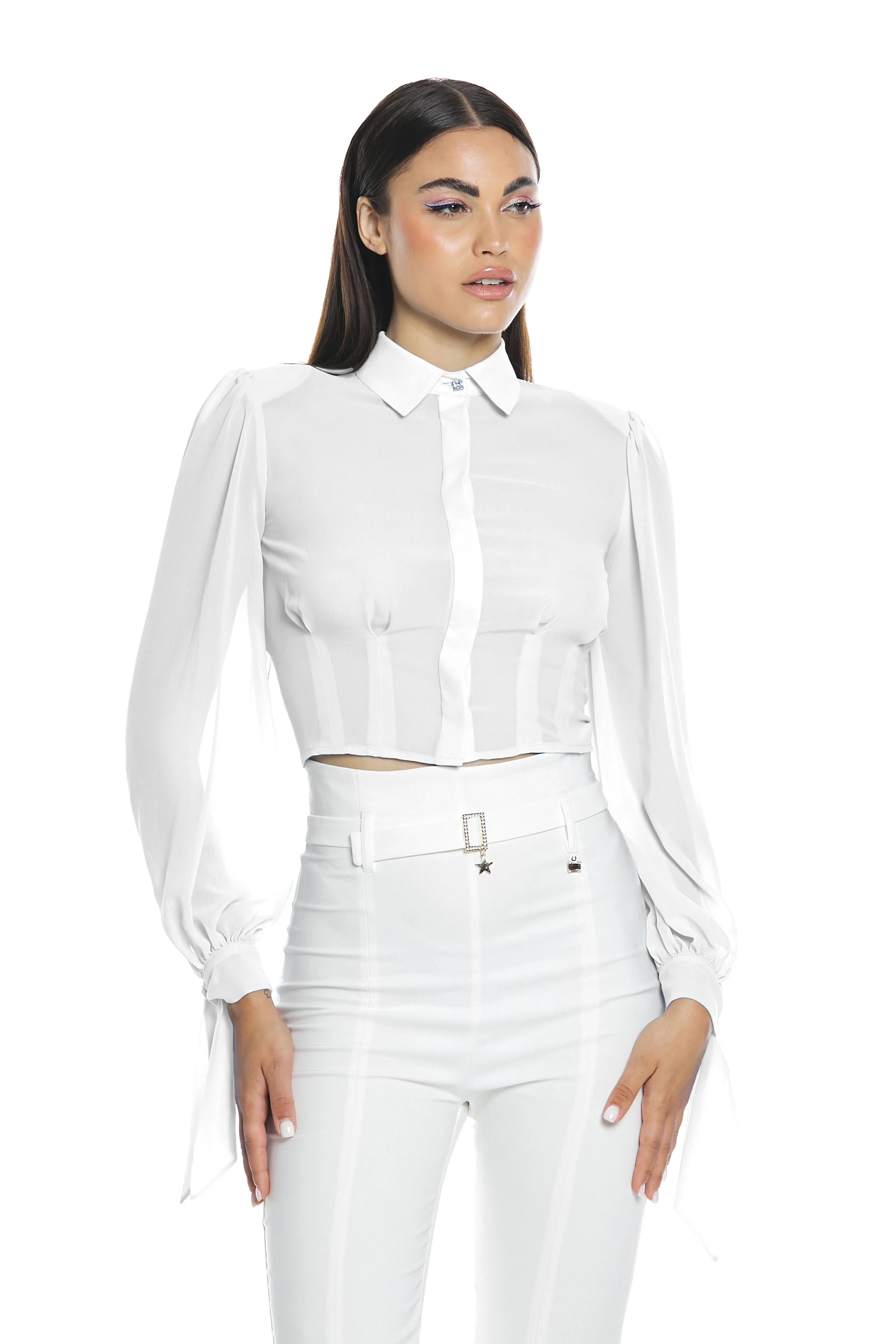 Camicia STIBILITE corta manica lunga con fiocco più pinces più bottone gioiello - Image 7