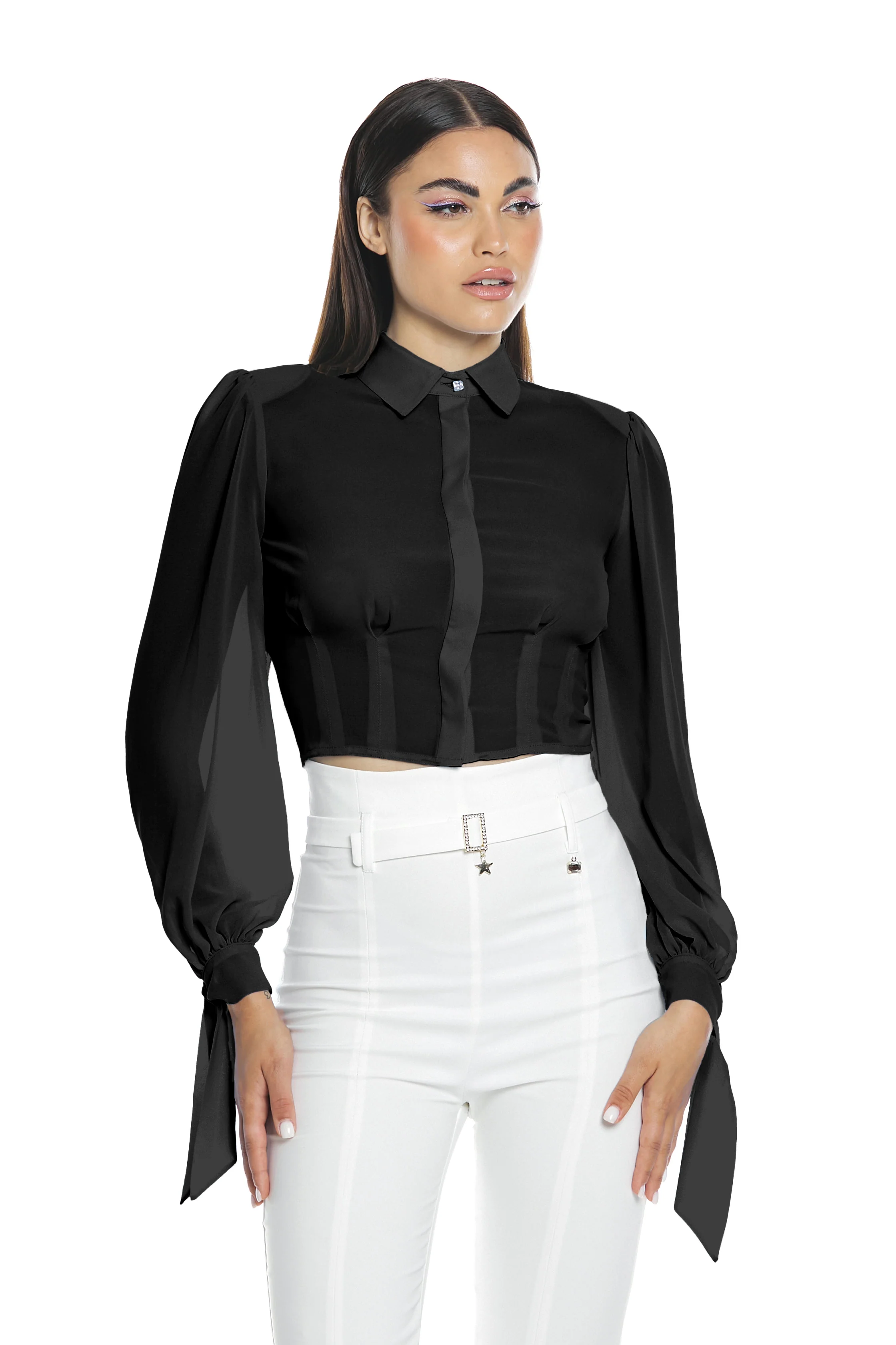 Camicia STIBILITE corta manica lunga con fiocco più pinces più bottone gioiello - Image 8