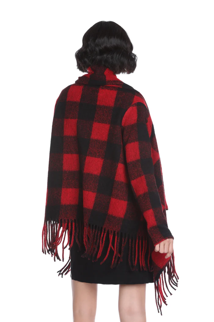 Cappotto DREQUIA corto manica lunga con frange effetto mantella quadri - Image 3