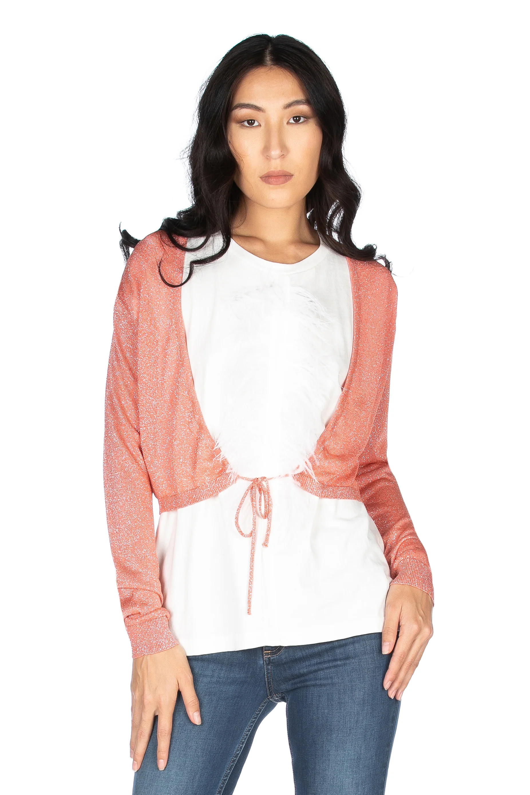 Cardigan AFRASA corto manica lunga con arricci più coulisse lurex