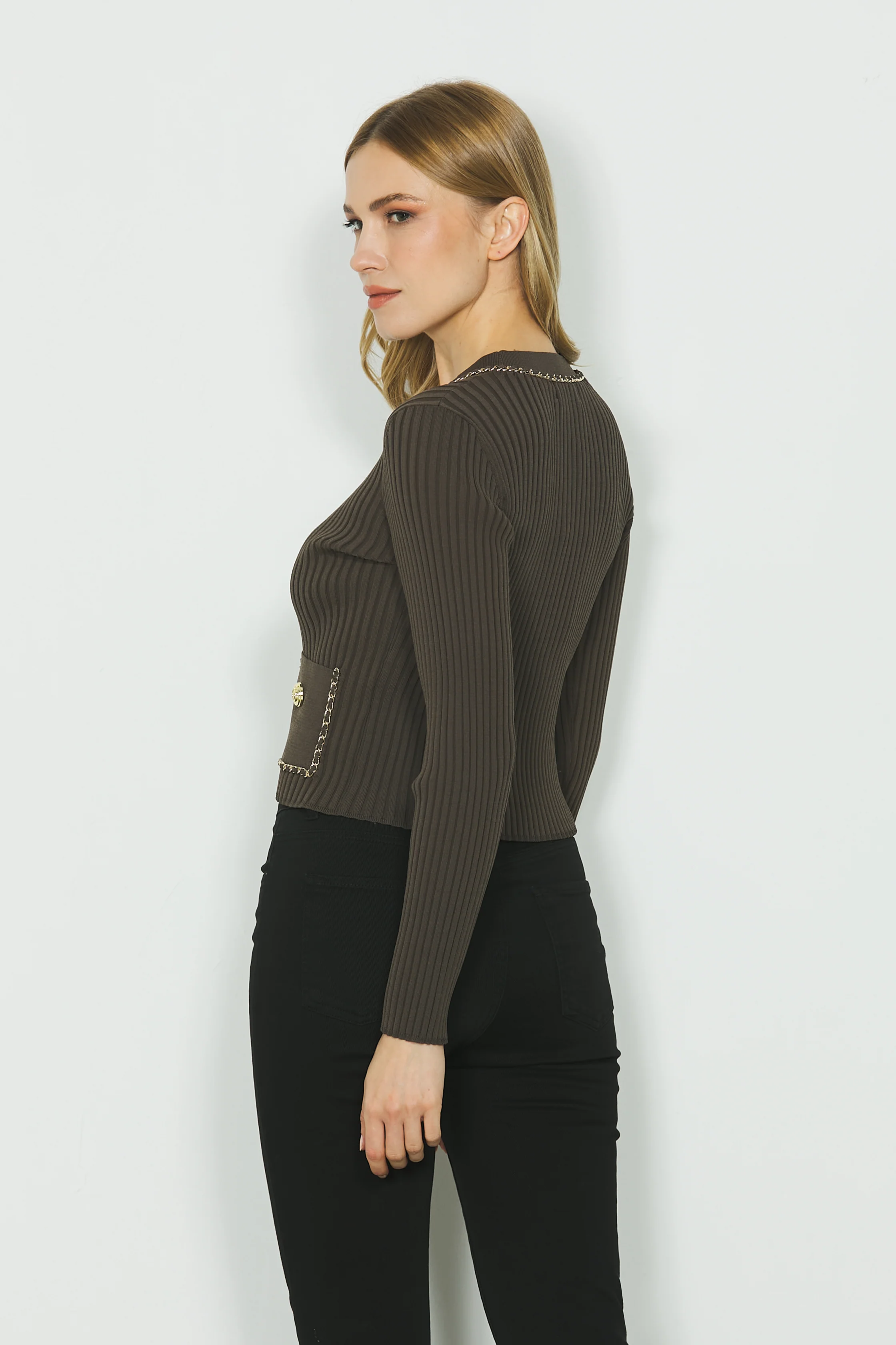 Cardigan AMELIA manica lunga con tasche più profili catena costina - Image 3