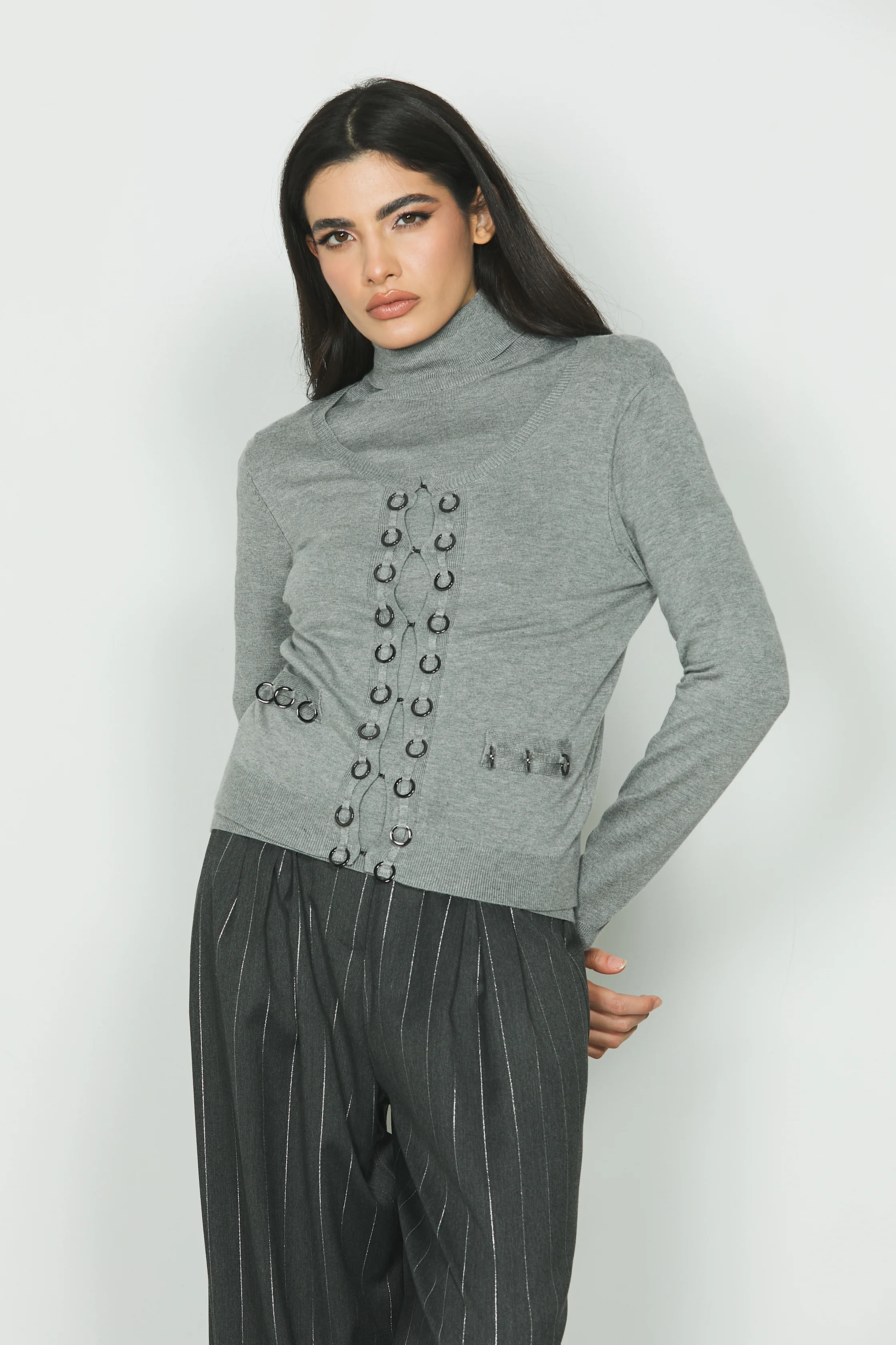 Cardigan ASIA manica lunga con tasche finte più dettaglio anelli