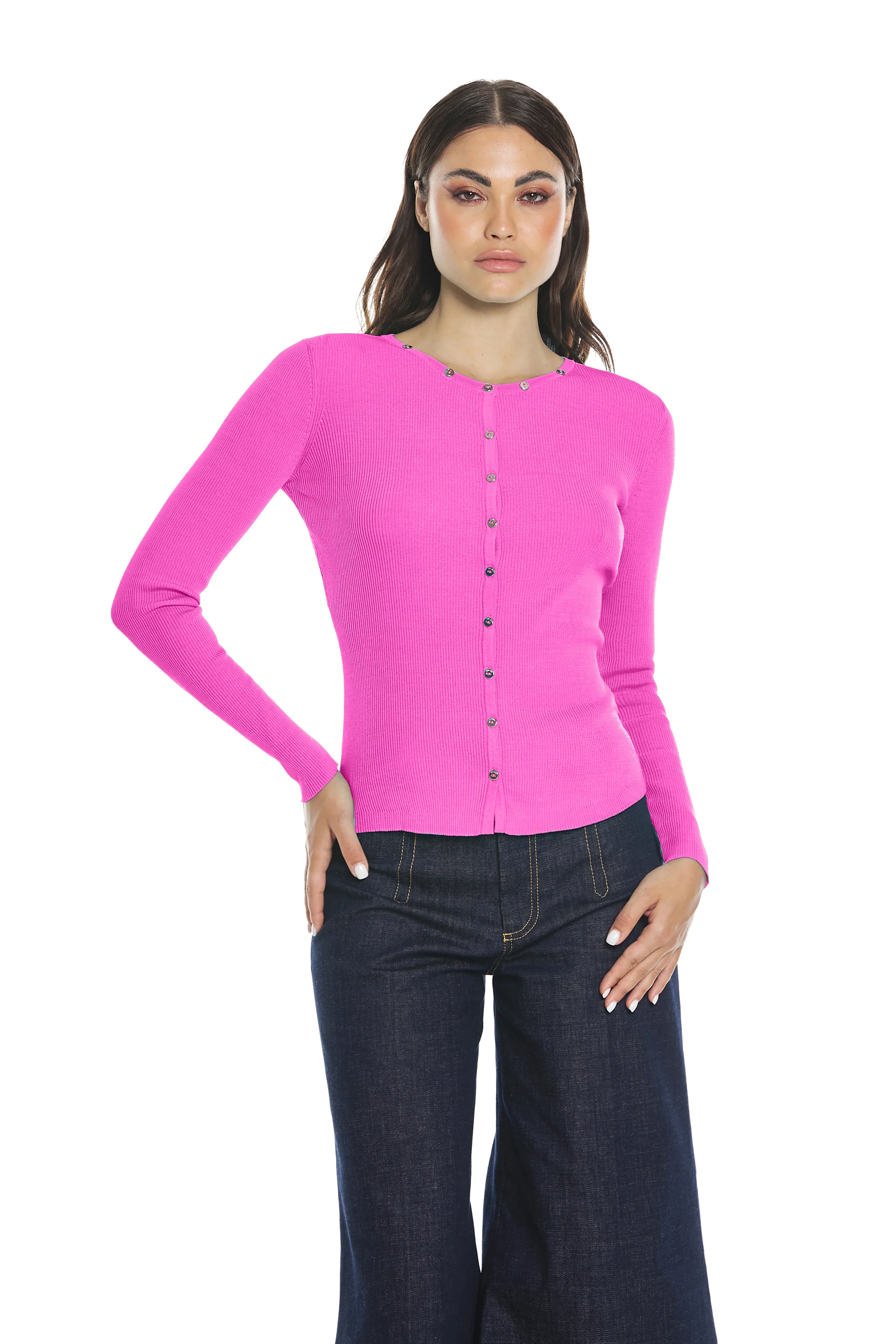Cardigan BLENDA manica lunga con bottoncini bordi costina - Image 6