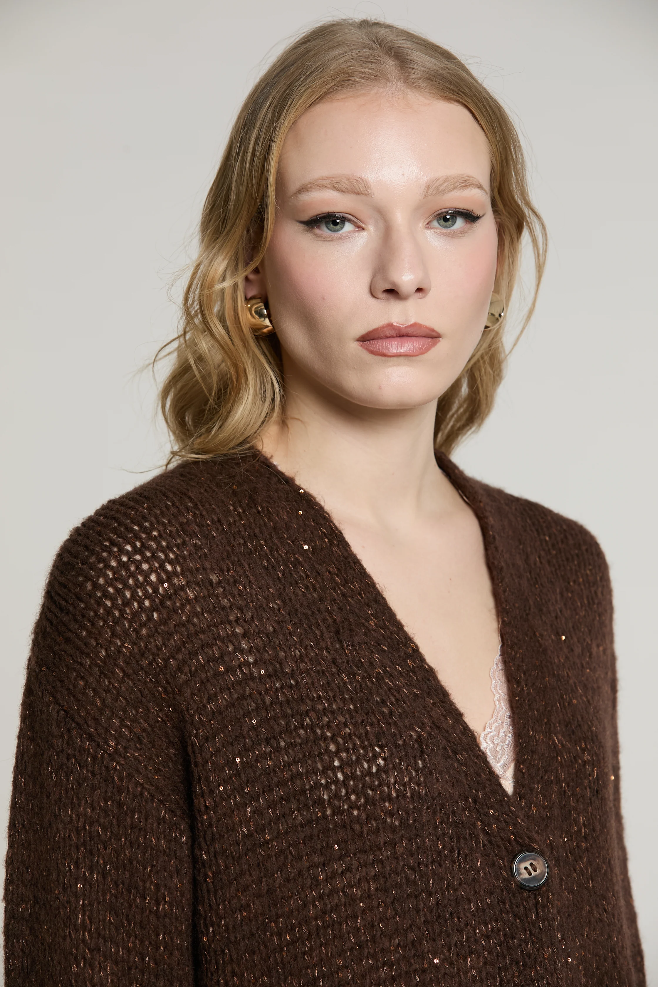 Cardigan BRUGES manica lunga scollo v con bottoni con lurex più micro-paillettes - Image 4