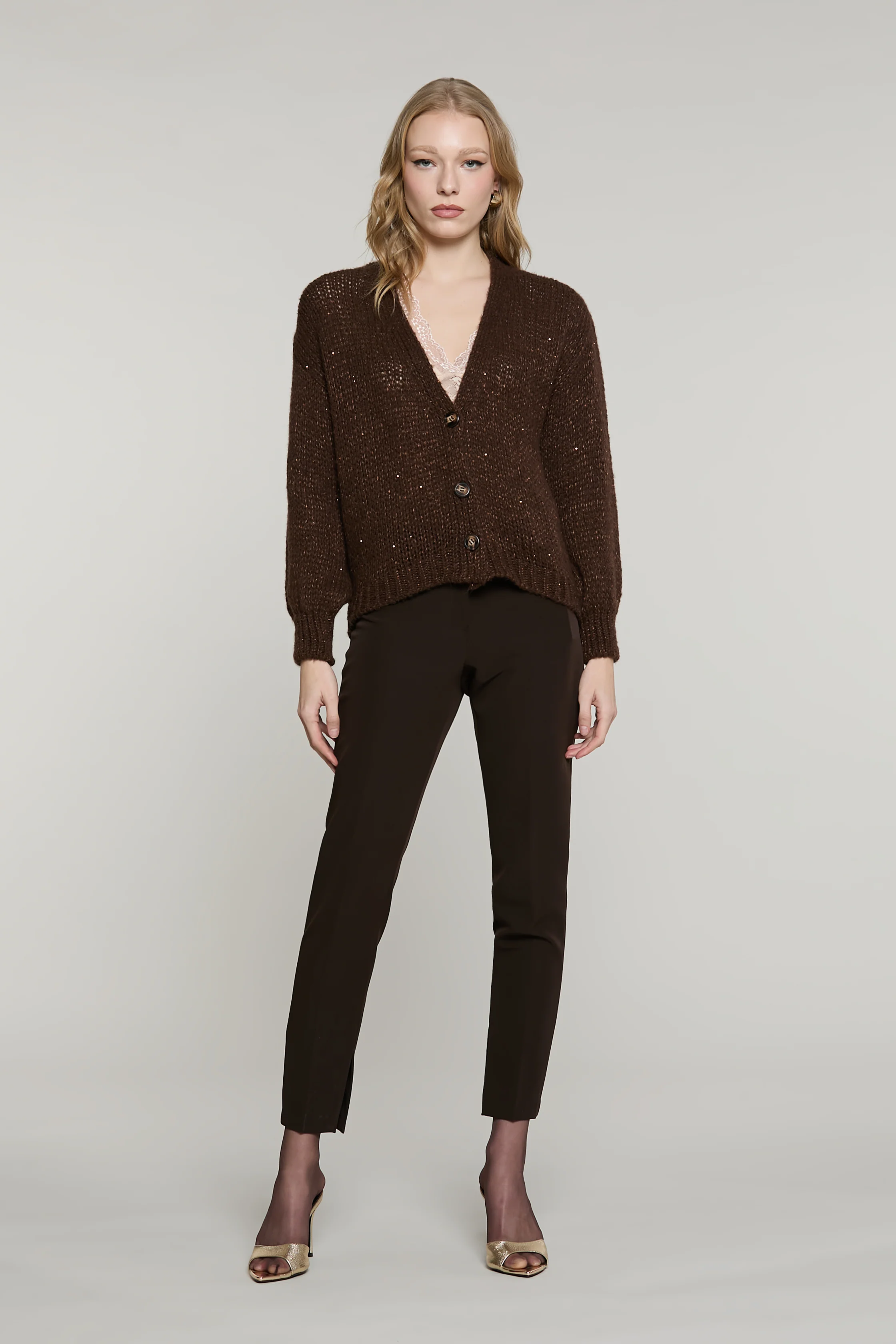 Cardigan BRUGES manica lunga scollo v con bottoni con lurex più micro-paillettes - Image 5