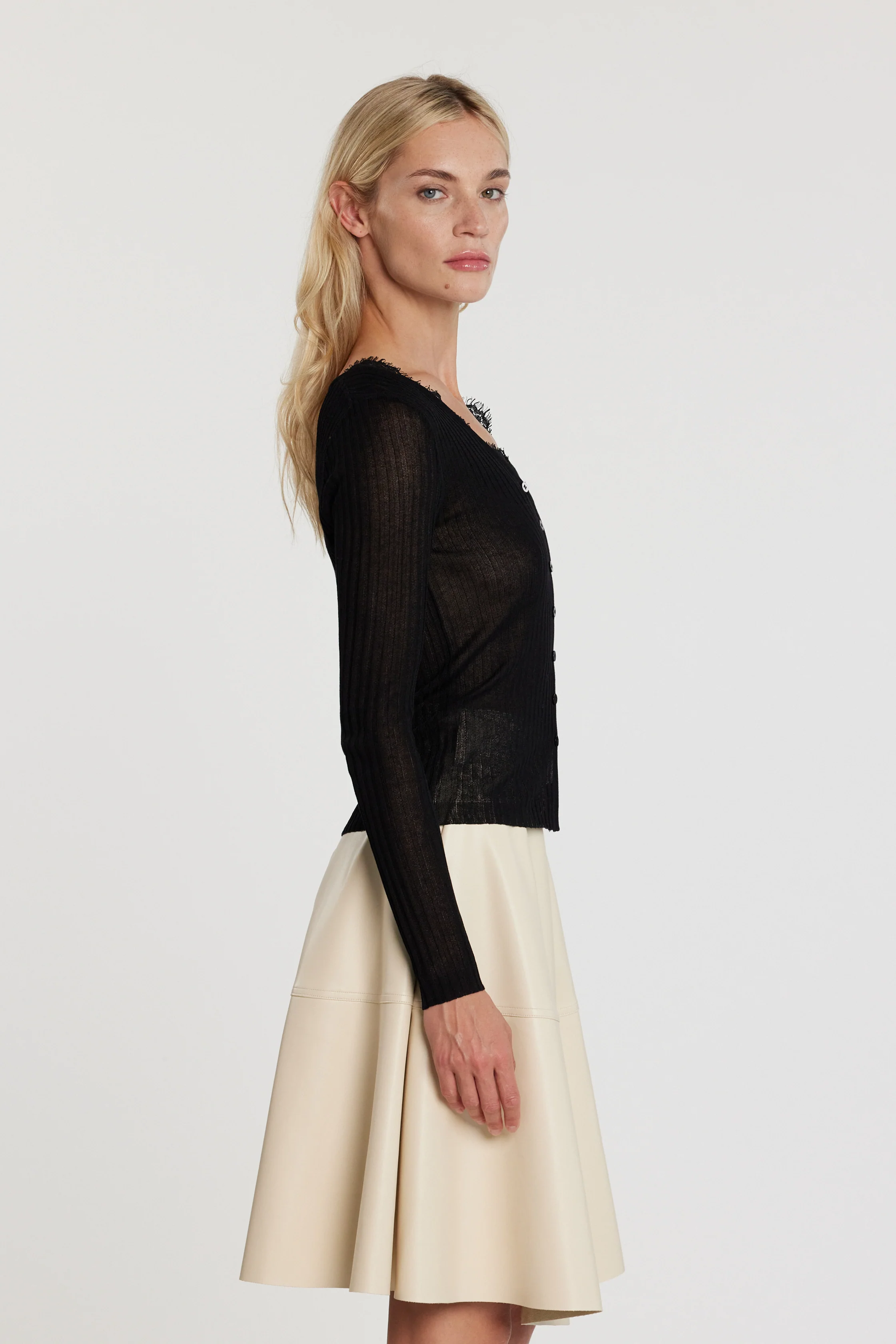 Cardigan LING maniche lunghe scollo a V con inserti pizzo costina - Image 2