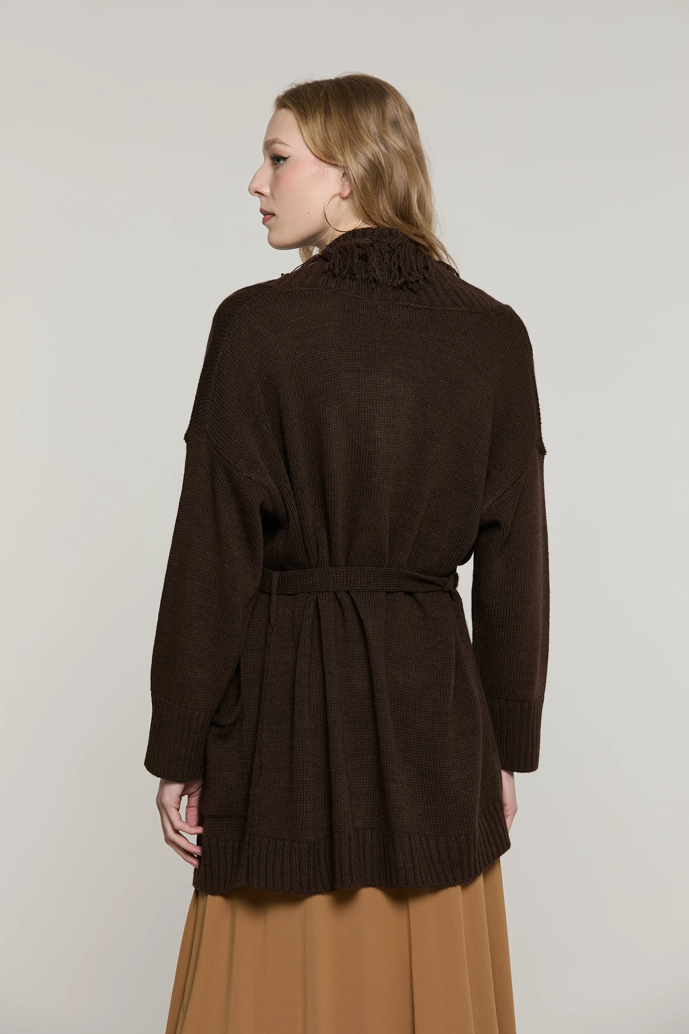 Cardigan MIKALI manica lunga più cintura più tasche e frange - Image 3