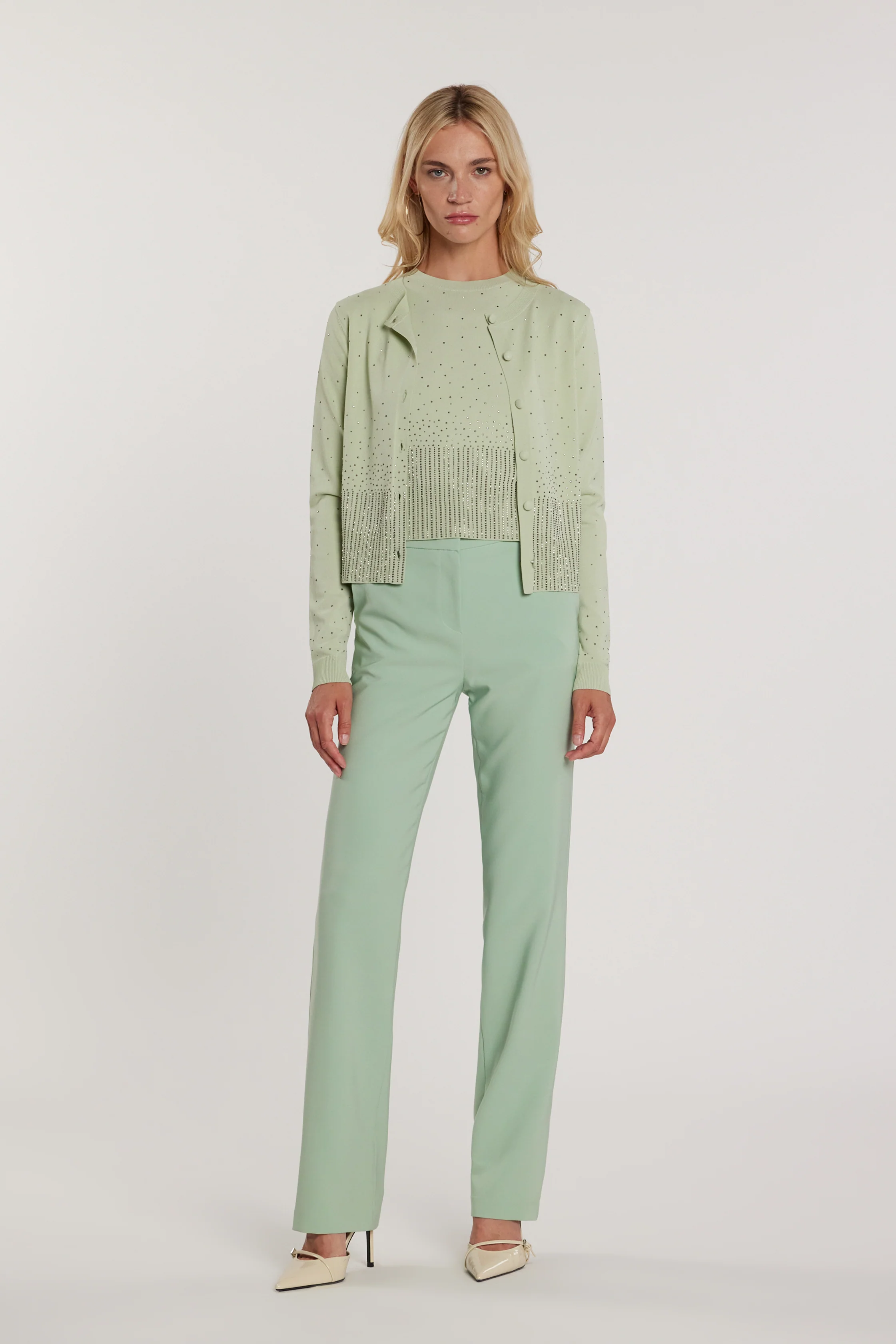 Cardigan MOSS maniche lunghe girocollo con bottoni più applicazioni strass - Image 5
