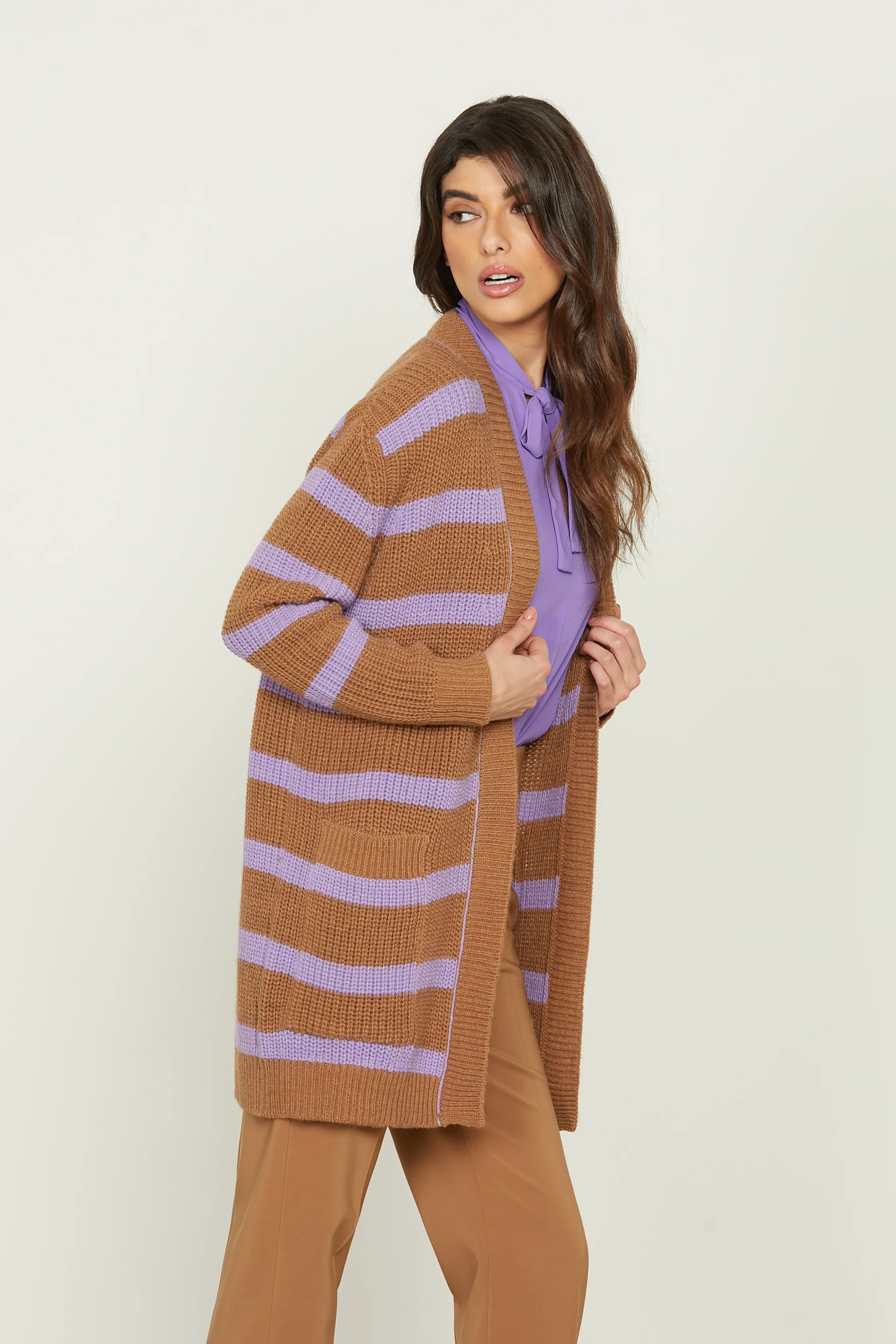 Cardigan PRISCILLA manica lunga con tasche righe - Image 3