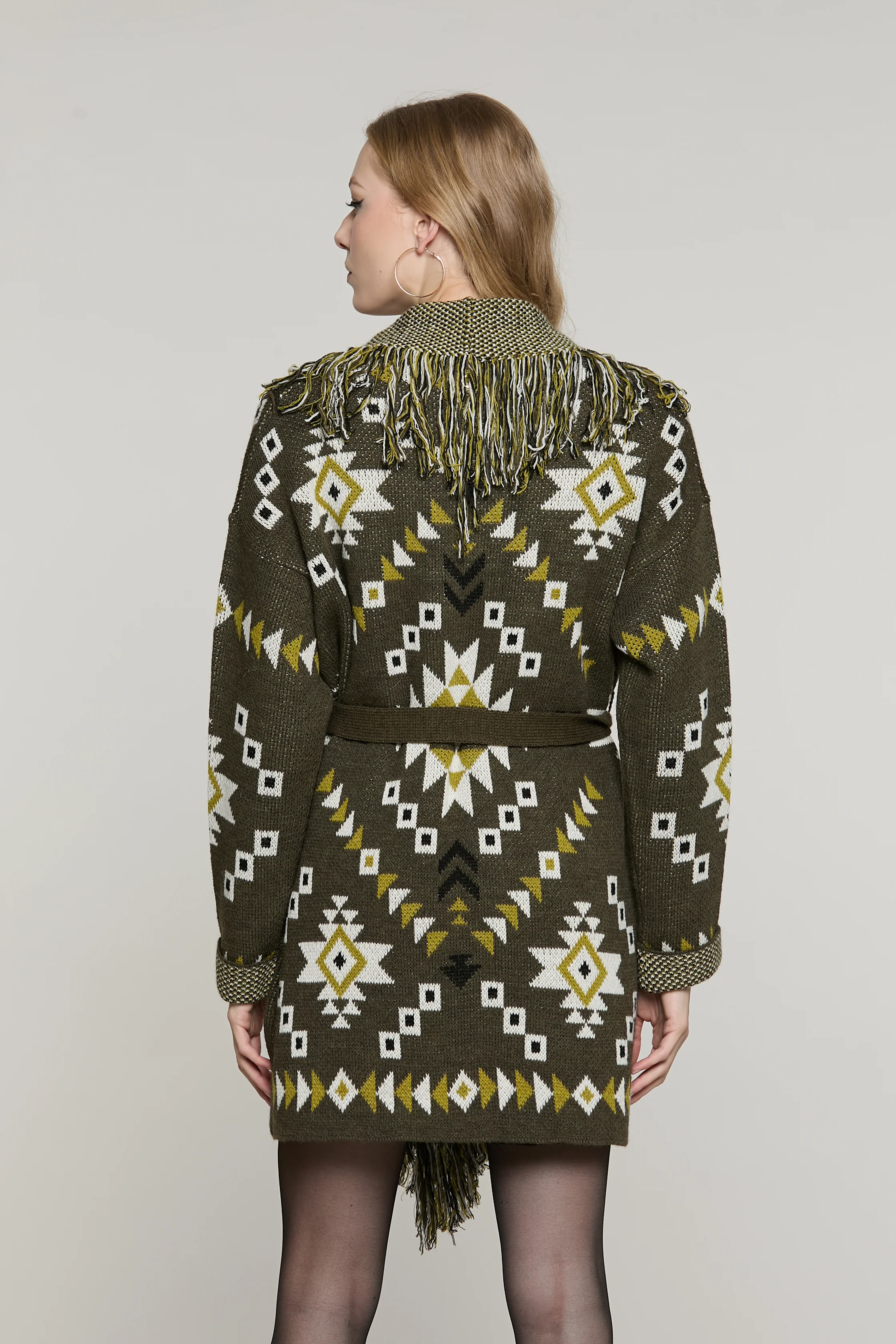 Cardigan ROTTERDAM lungo manica lunga con cintura più frange più jacquard peruviano - Image 3