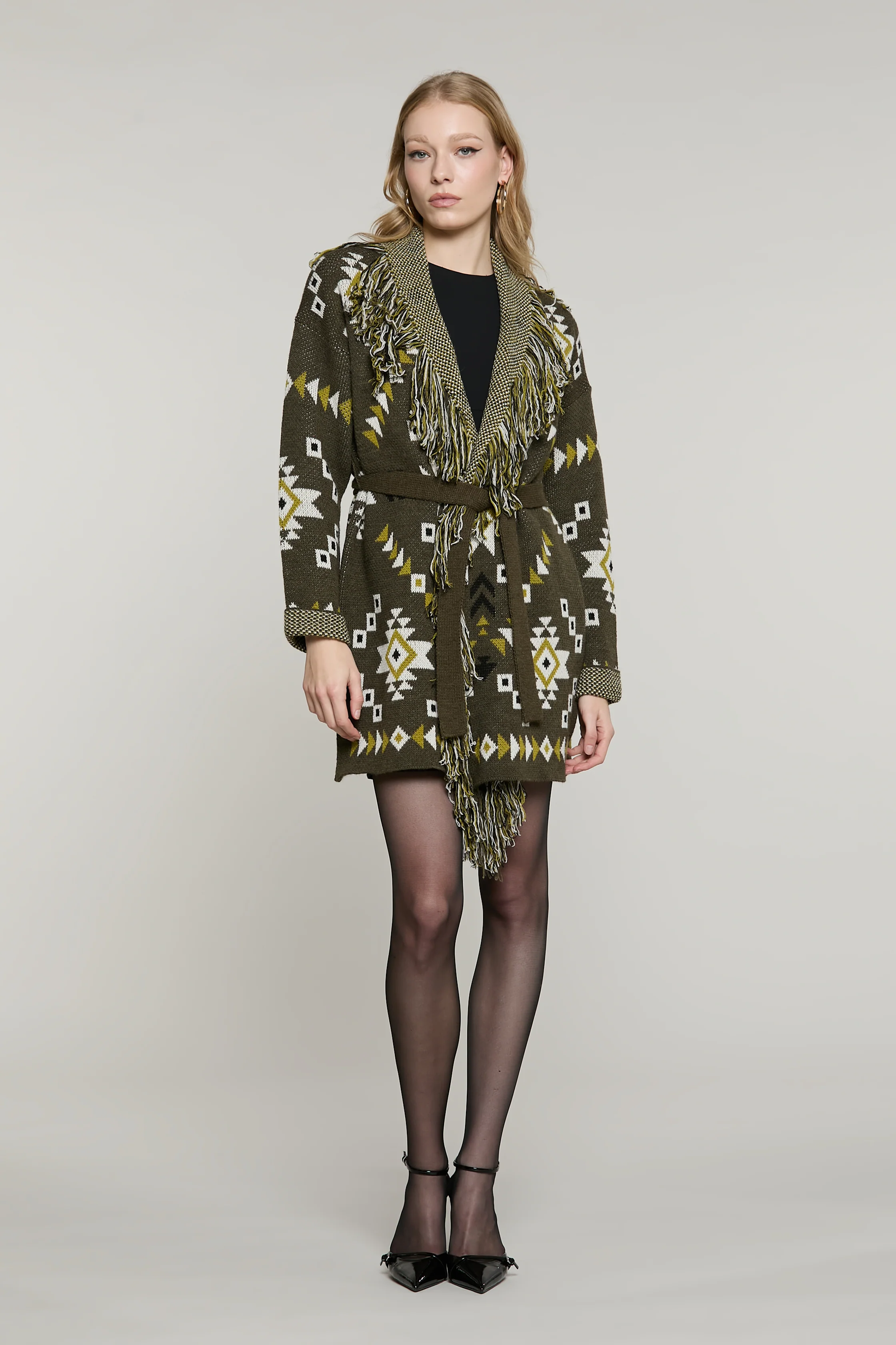 Cardigan ROTTERDAM lungo manica lunga con cintura più frange più jacquard peruviano - Image 4