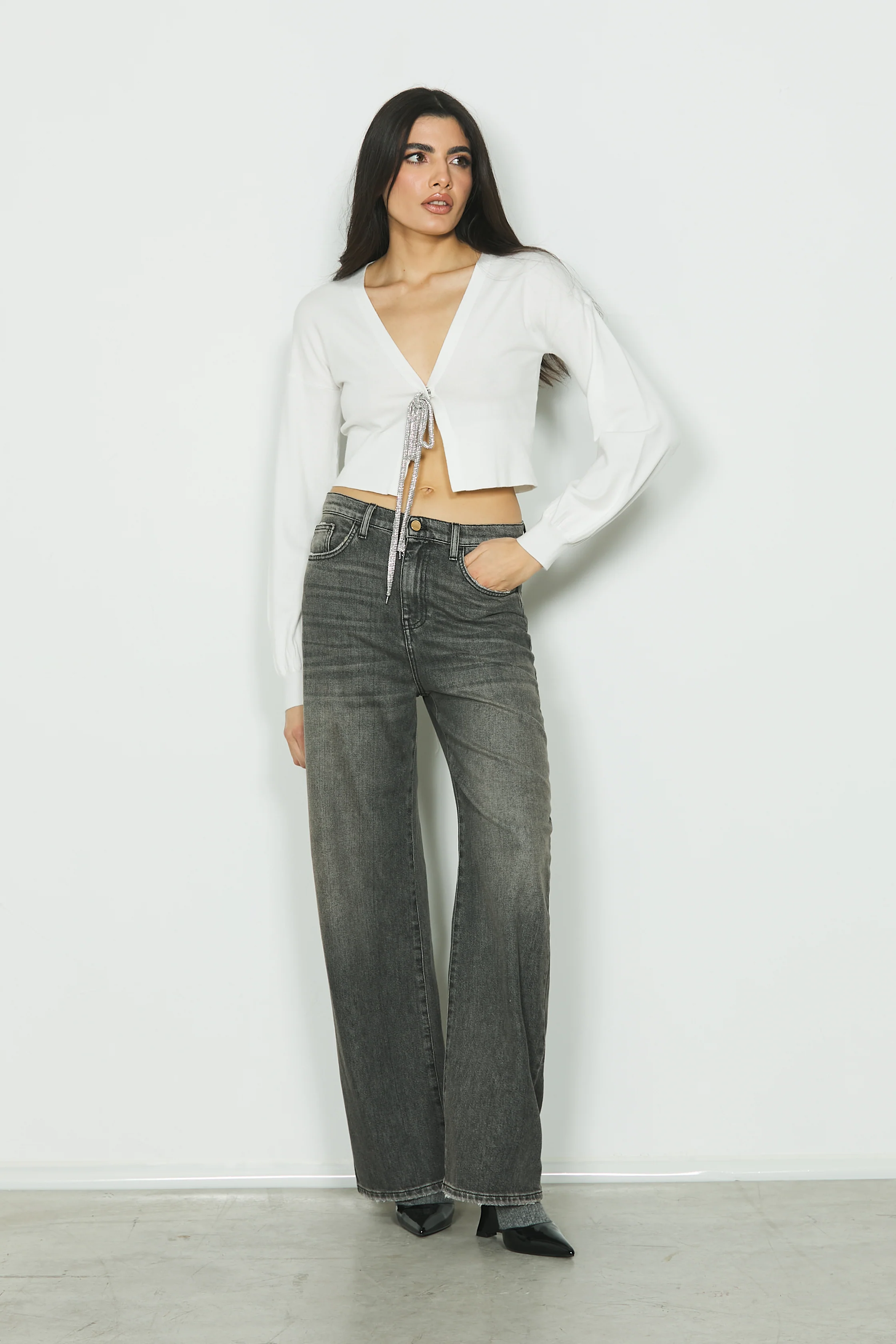 Cardigan SONIA manica lunga palloncino con fiocco strass - Image 6