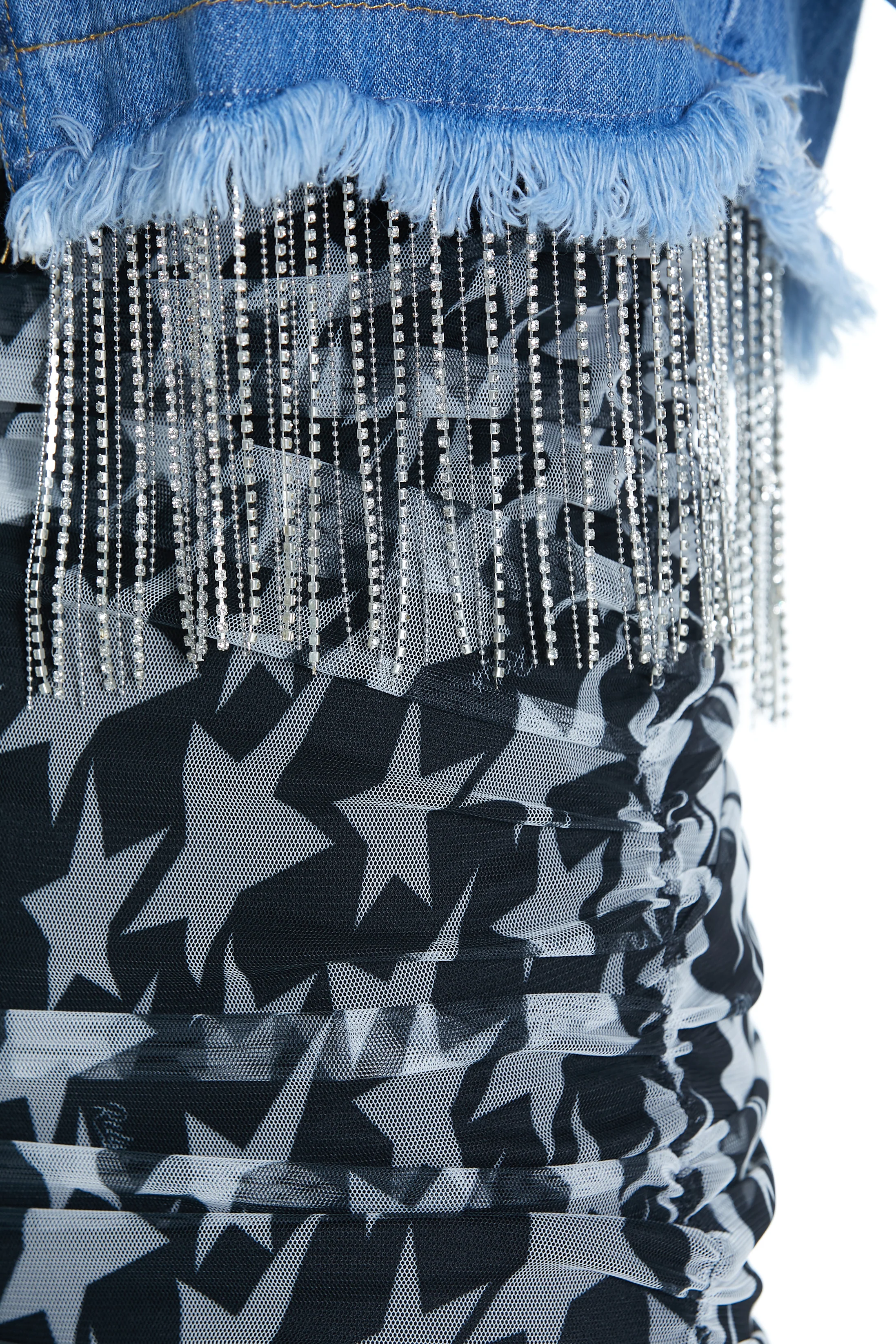 Giubbino NAOKO_STRASS corto manica lunga ampio sfrangiato più catena strass denim - Image 5