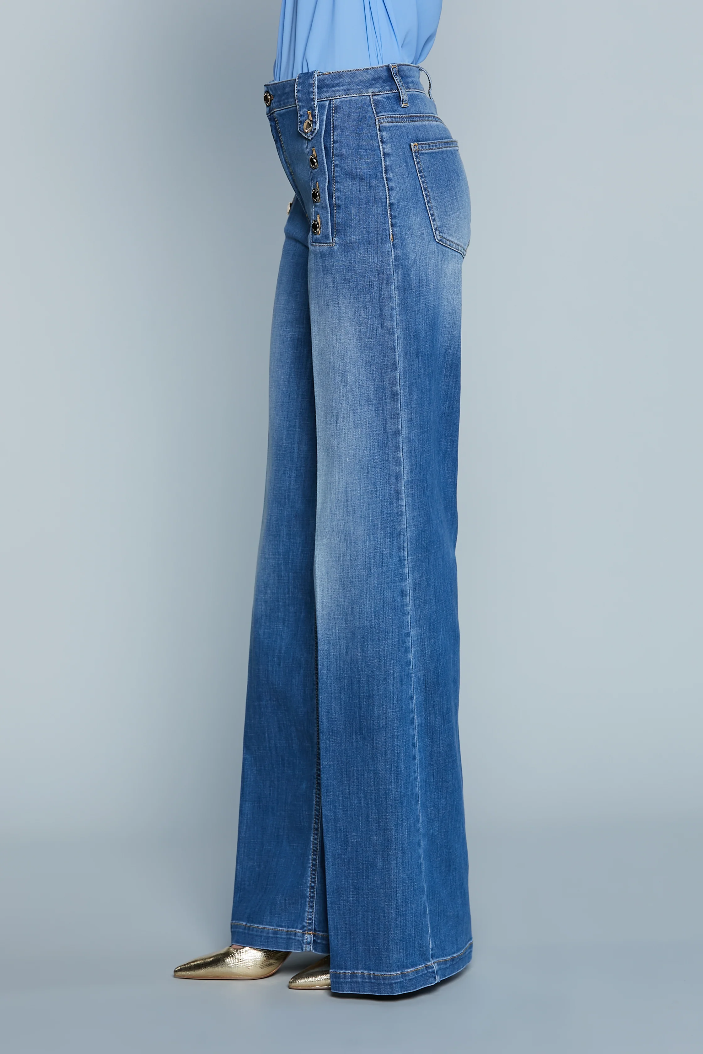Jeans PALENCIA V.Alta Palazzo con Passanti Punta più Dettaglio Bottoni Denim - Image 3