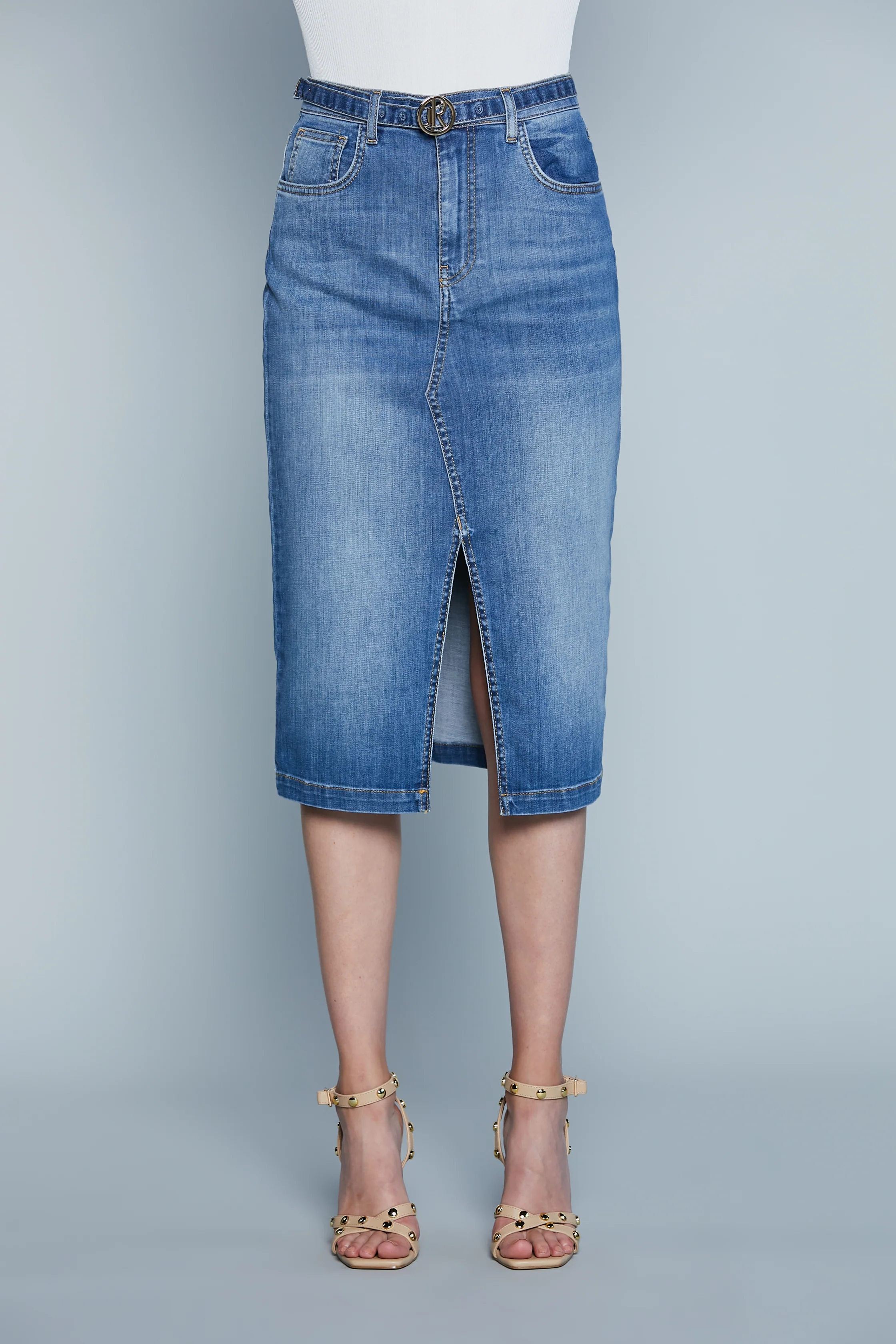 Longuette MIJAS Vita Alta con Cintura più Fibbia Logo 5Ts con Spacco Denim - Image 2