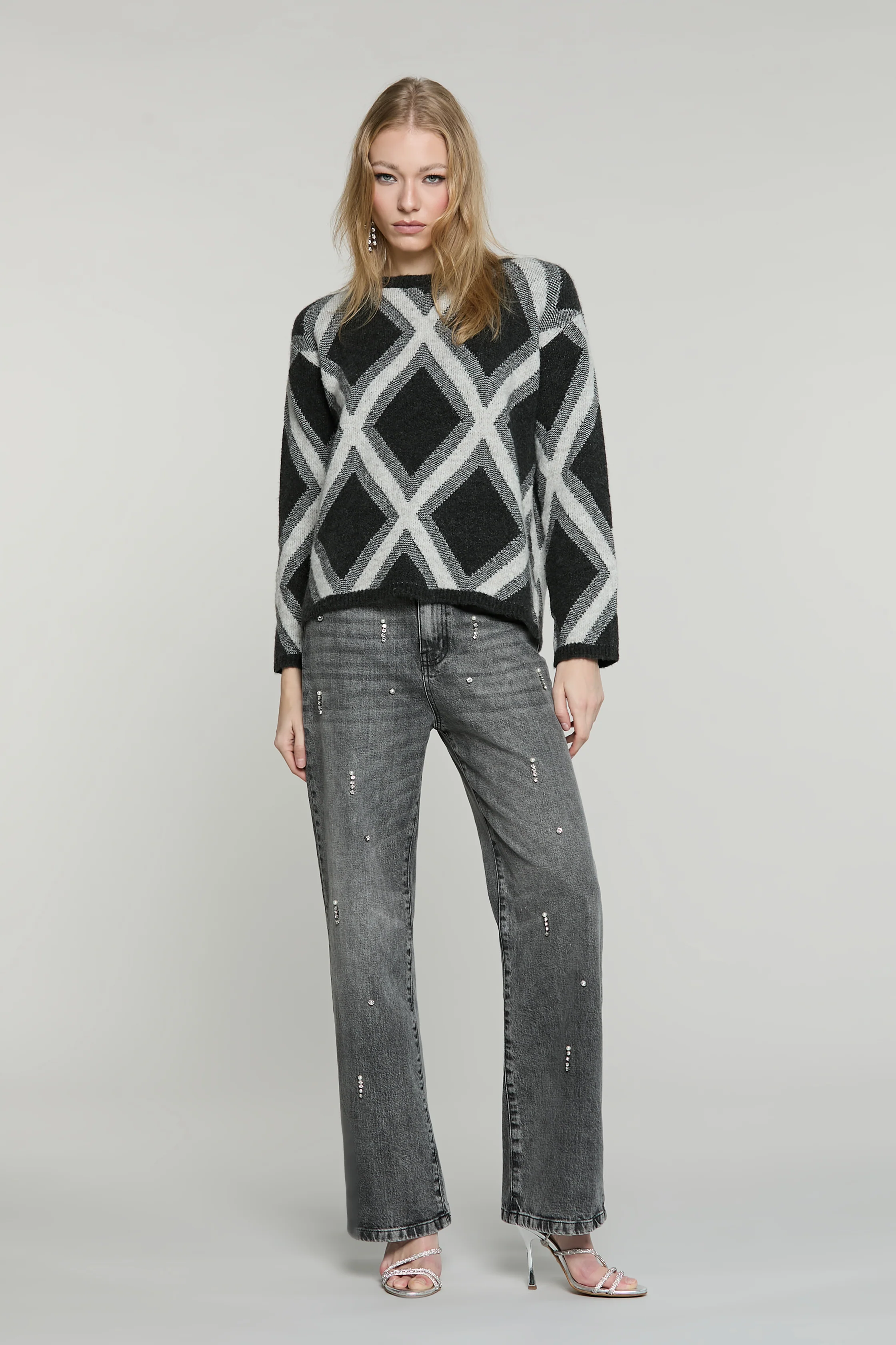 Maglia GRONINGA manica lunga girocollo con jacquard rombi - Image 4