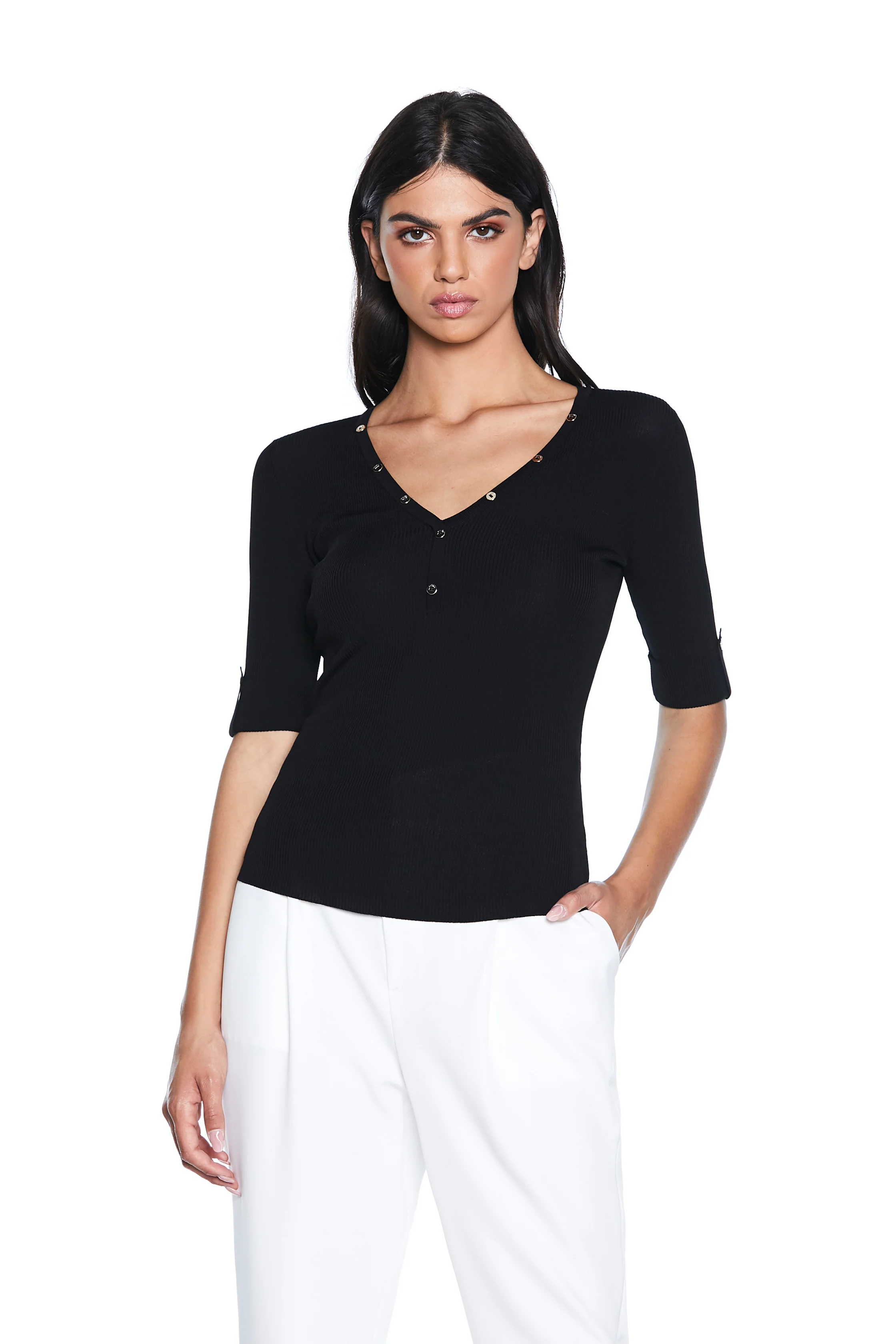 Maglia KILARM mezza manica con risvolto scollo a v con bottoncini costina - Image 4