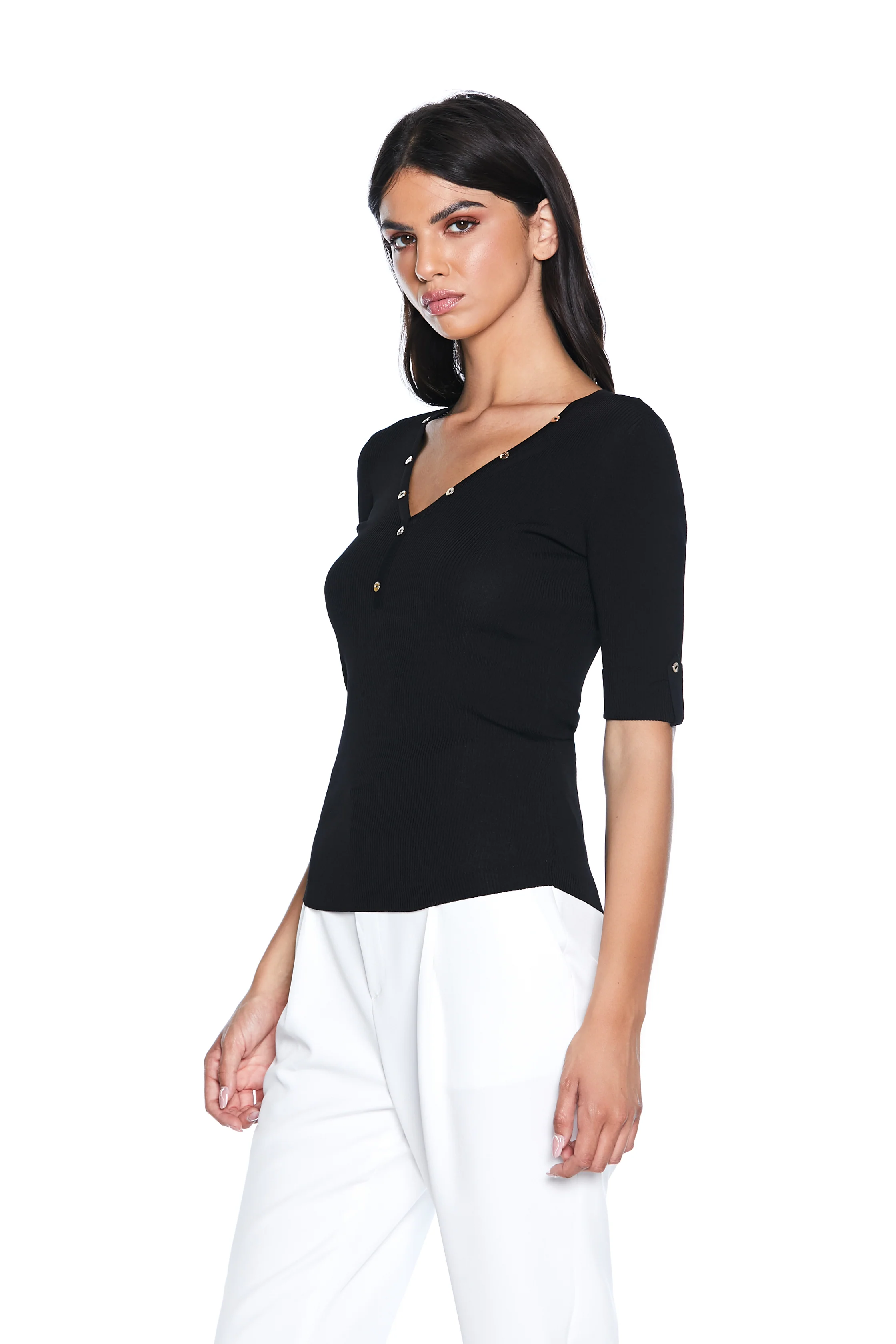 Maglia KILARM mezza manica con risvolto scollo a v con bottoncini costina - Image 5