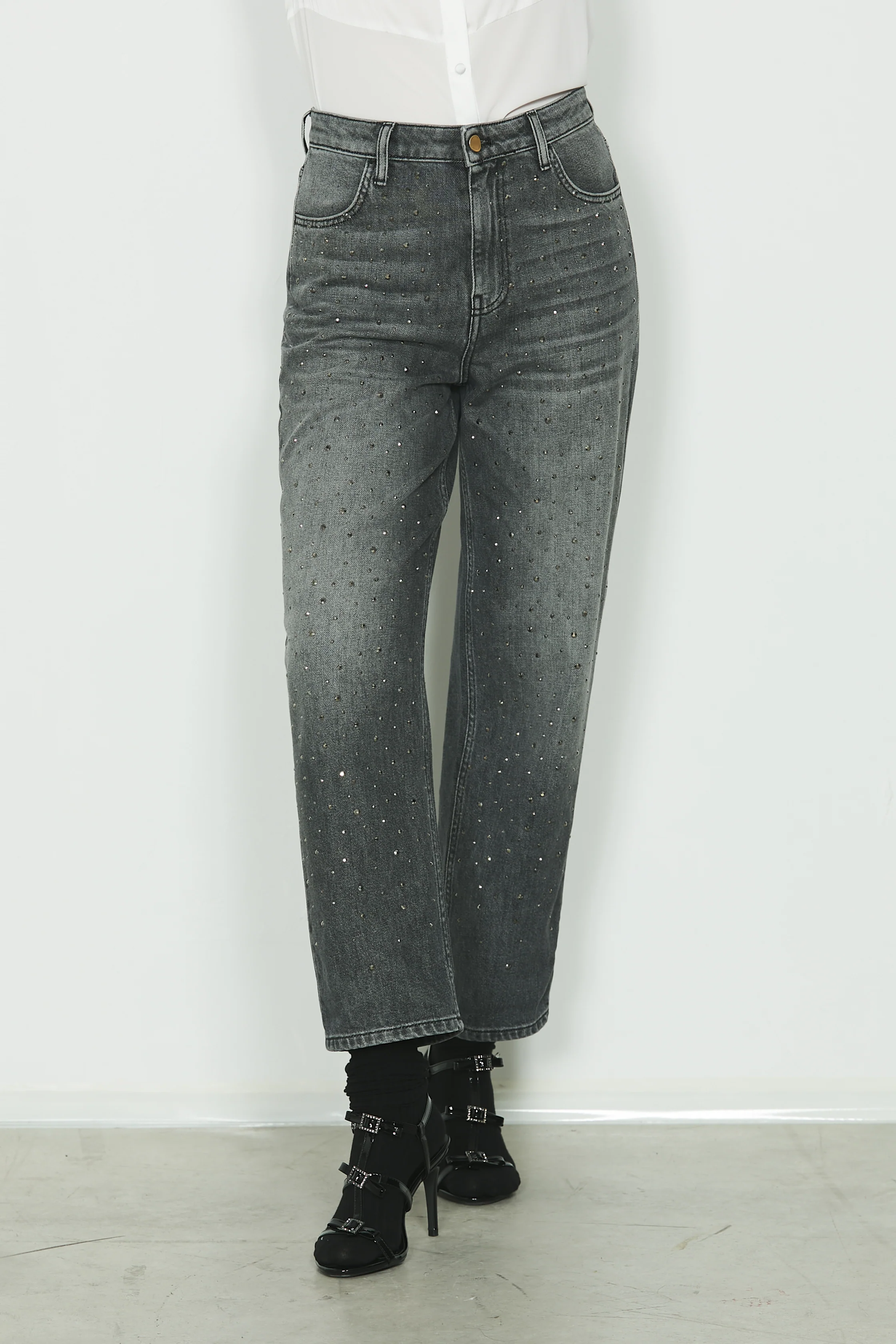 Panta CARLA_30 vita media 5 ts con strass baggy fit in black denim
