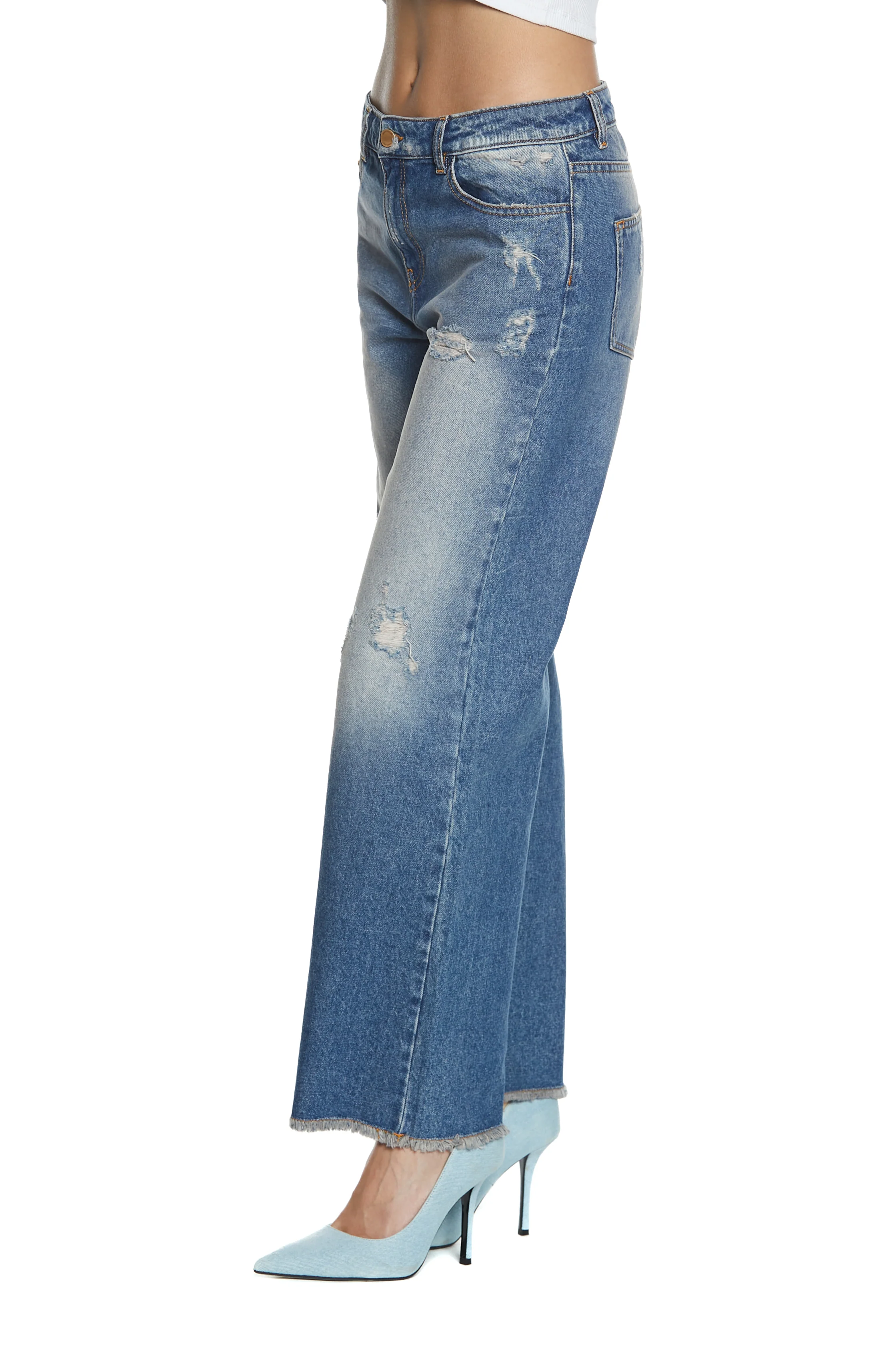 Panta ELLE_2 vita media 5tasche con sporcatura straight fit denim blu - Image 2