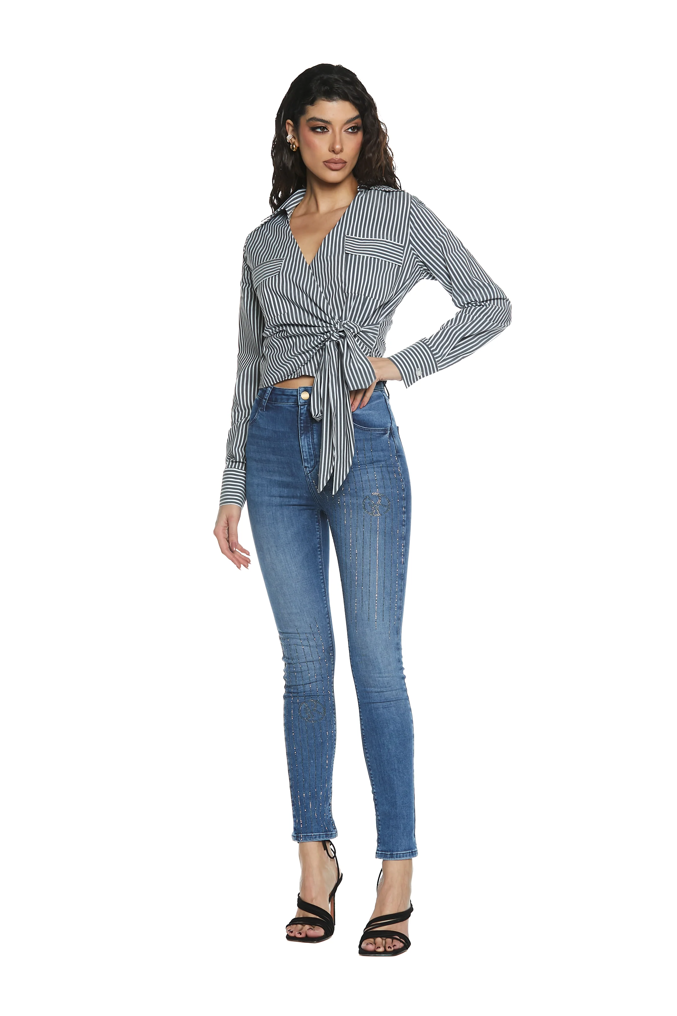 Panta KATE_2a vita alta 4tasche con applicazione strass slim fit denim blue - Image 5