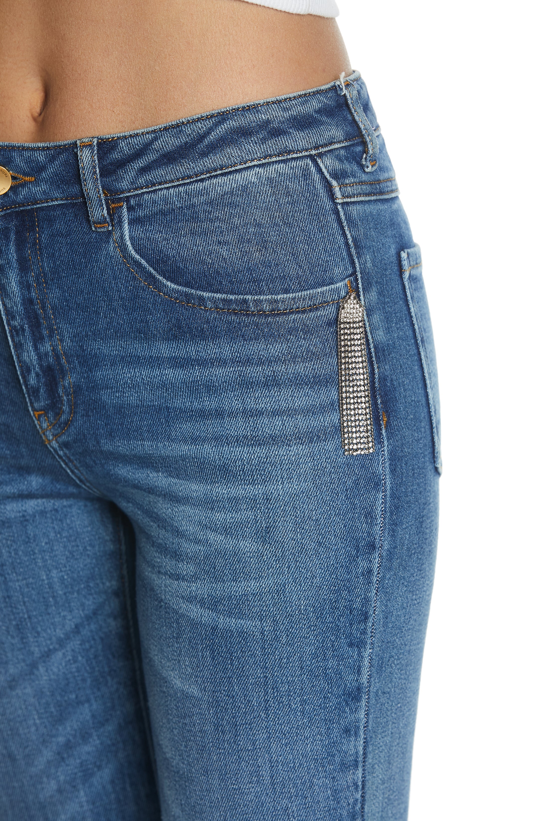 Panta SHIFFER_22a vita media 5tasche con appl.strass flaire fit denim blu - Image 4