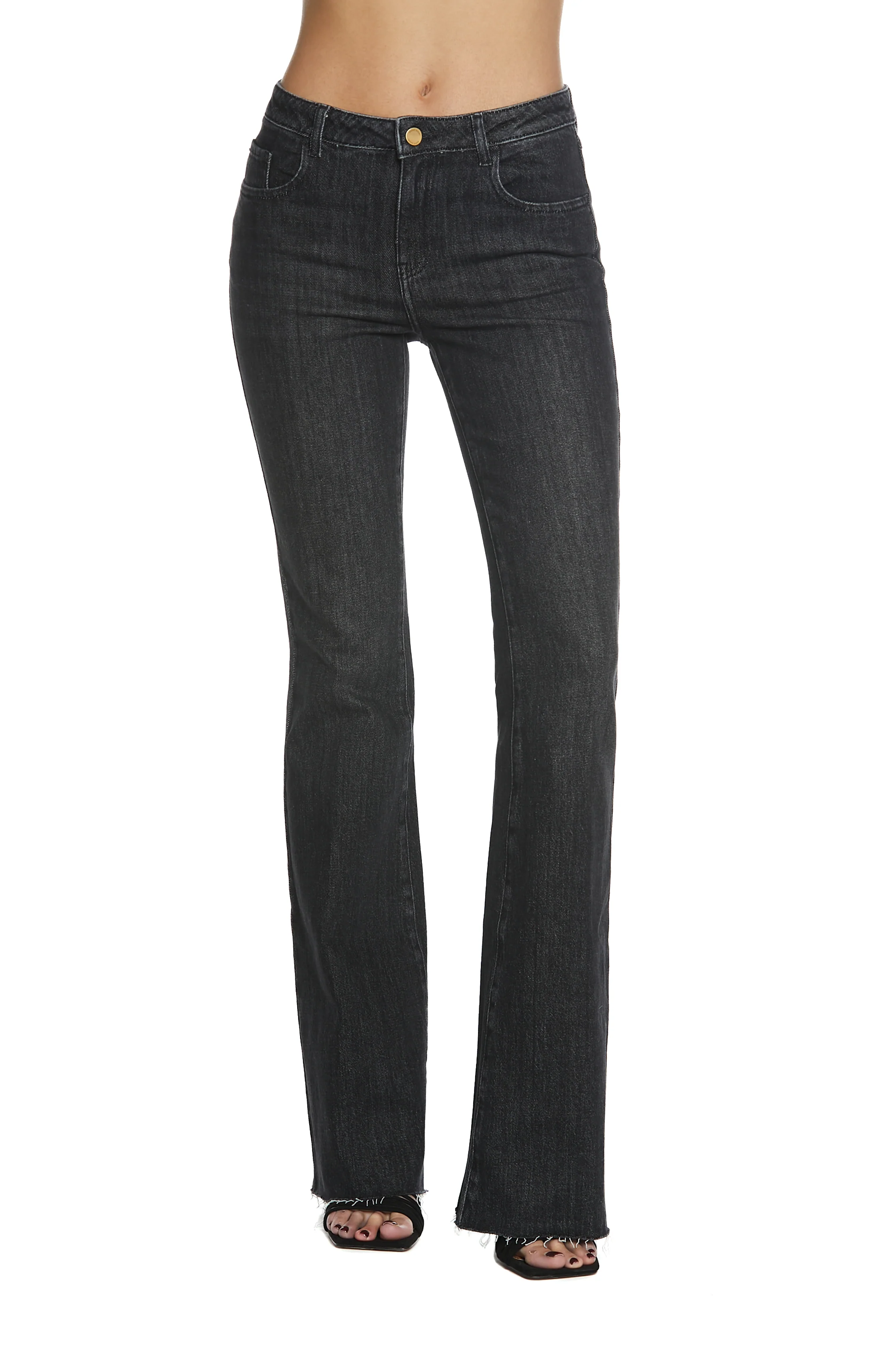 Panta SHIFFER_3 vita media 5tasche con f.do sfrangiato flaire fit denim black