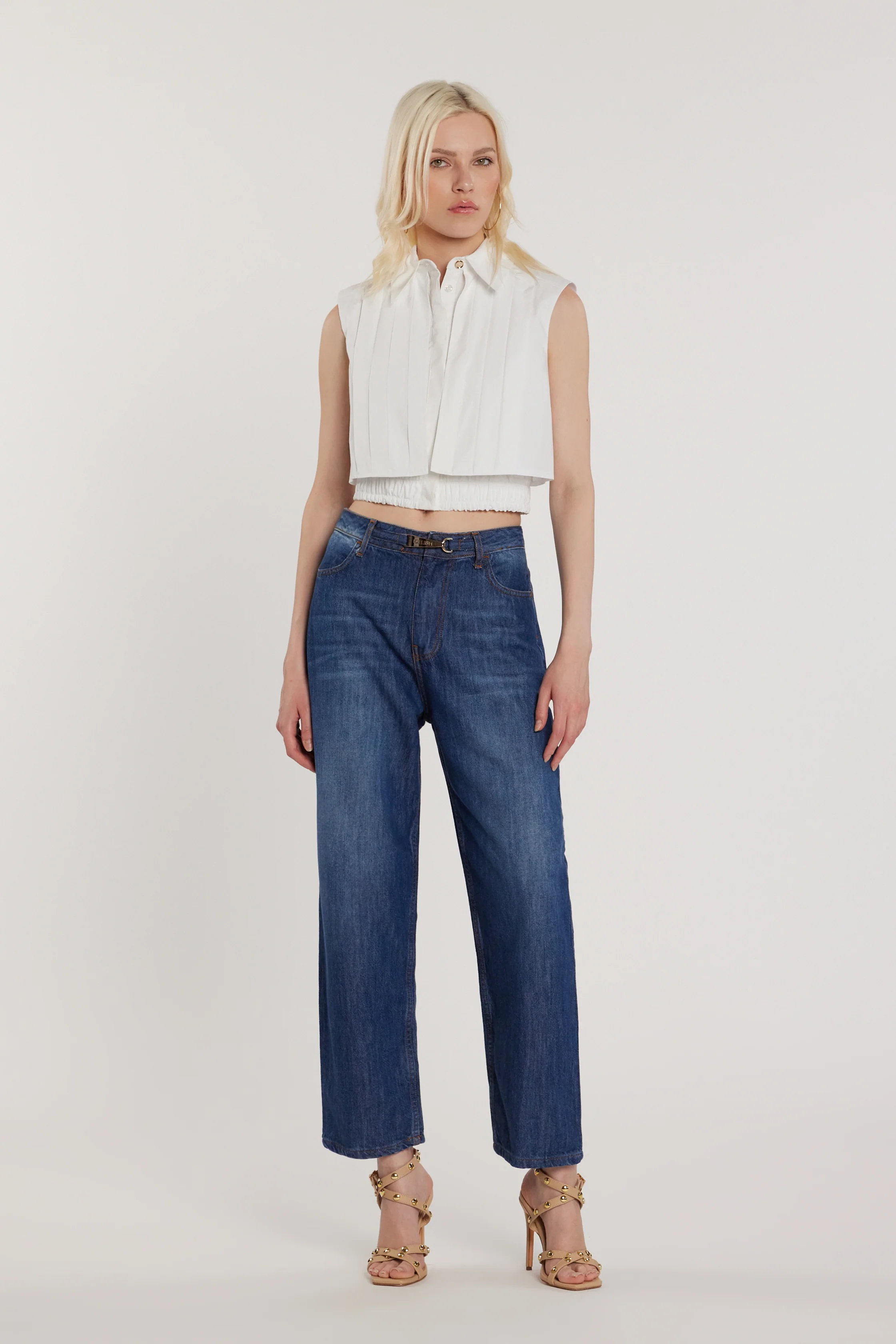 Pantalone CARLA_241 vita media cinque tasche con cintura alamaro baggy fit denim blu
