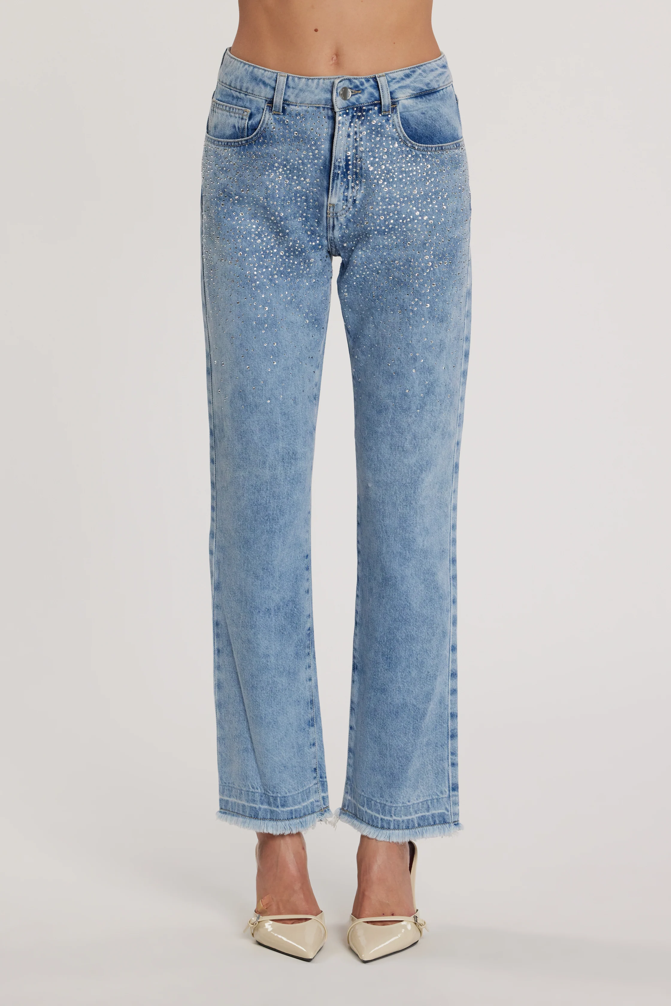 Pantalone CINDY_28 vita media cinque tasche con applicazioni strass cigarette fit denim blu