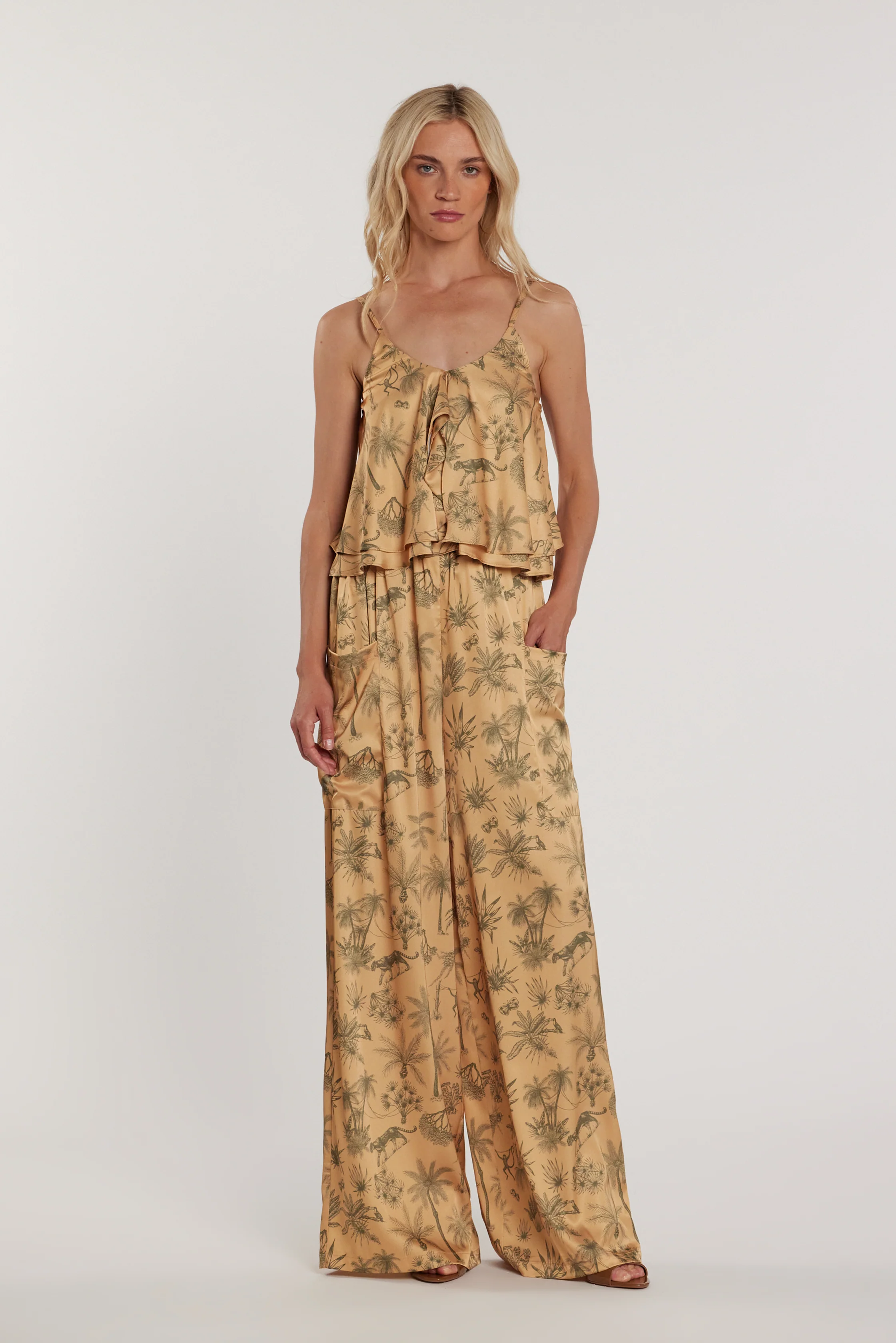 Pantalone SCARLETT vita alta palazzo con coulisse più tasconi fantasia tropical