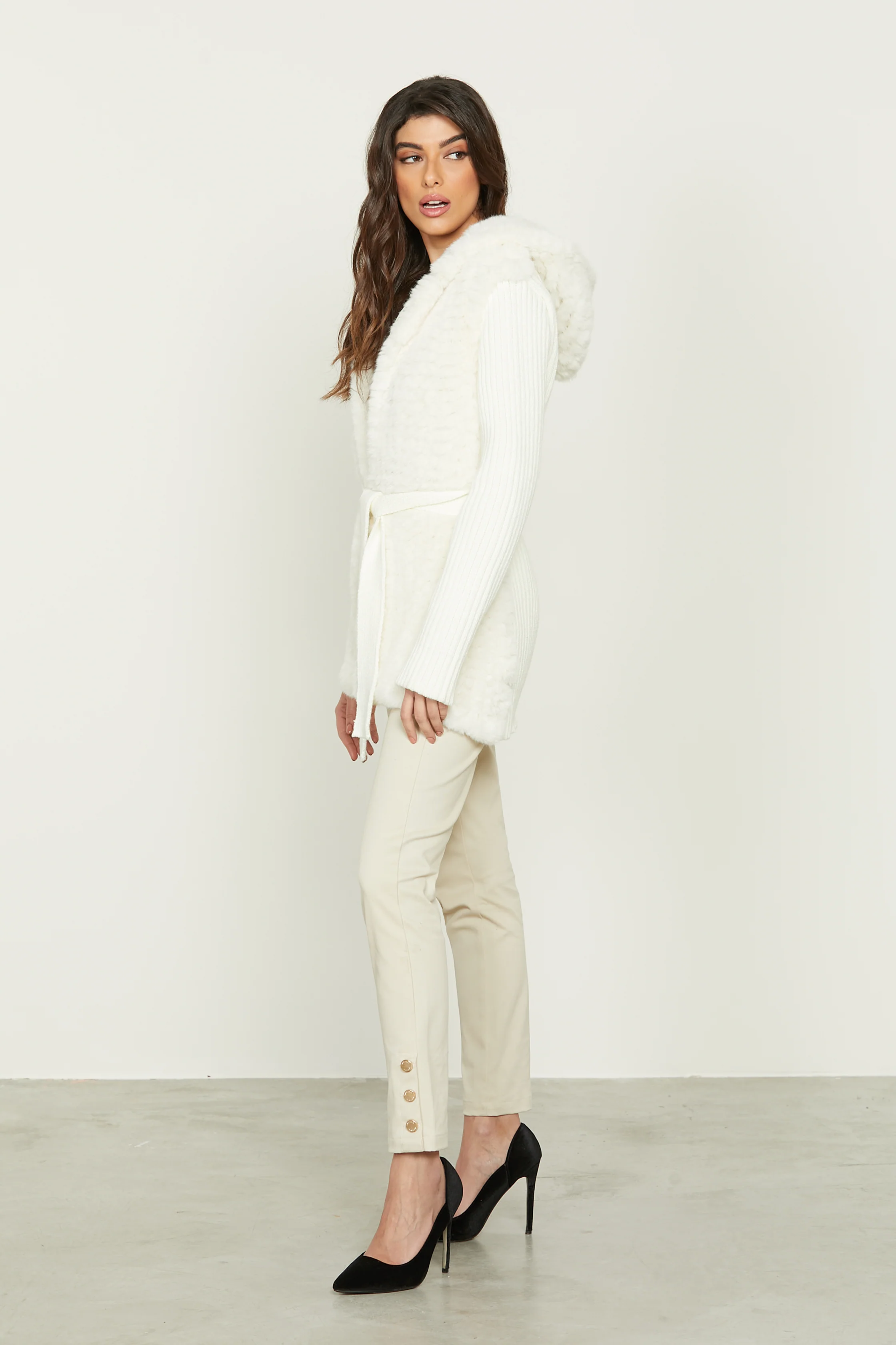 Pelliccia cardigan NADIA eco manica lunga con cappuccio più cintura più inserti maglia - Image 2