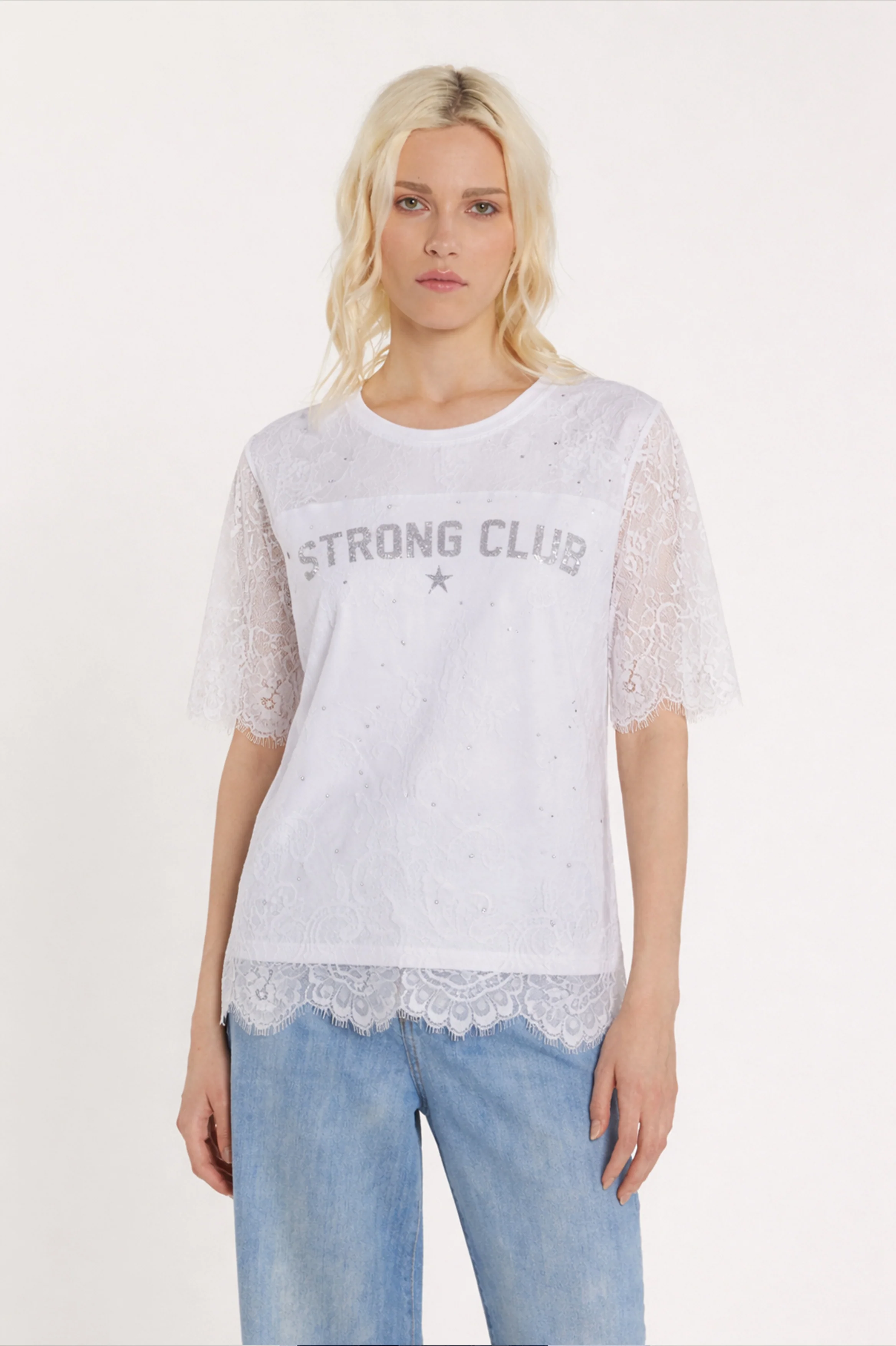 T-Shirt BELLUCCI maniche corte con inserto pizzo più strass più stampa