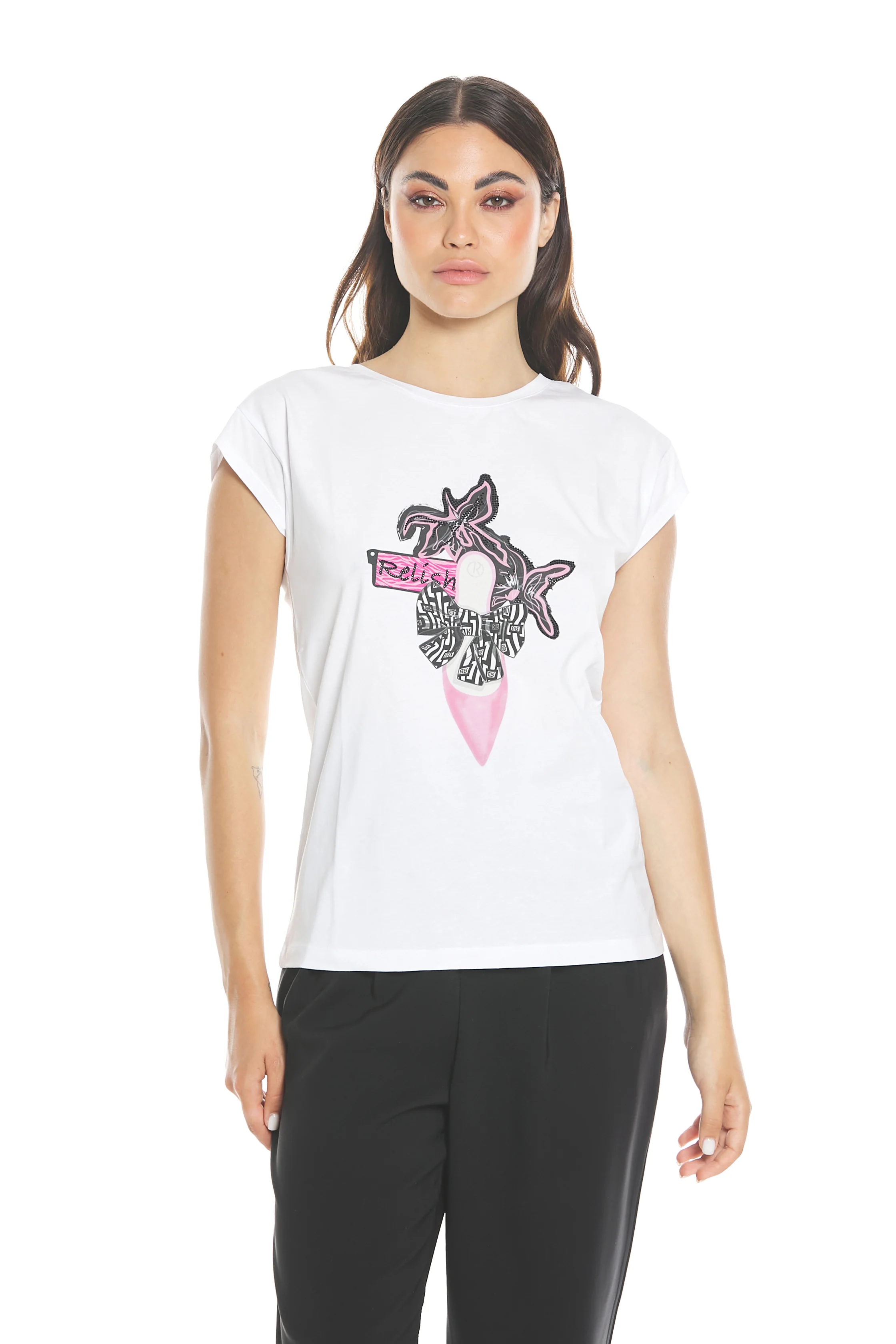 T-shirt CANCERI mezza manica con stampa più strass decolte' con logo - Image 2