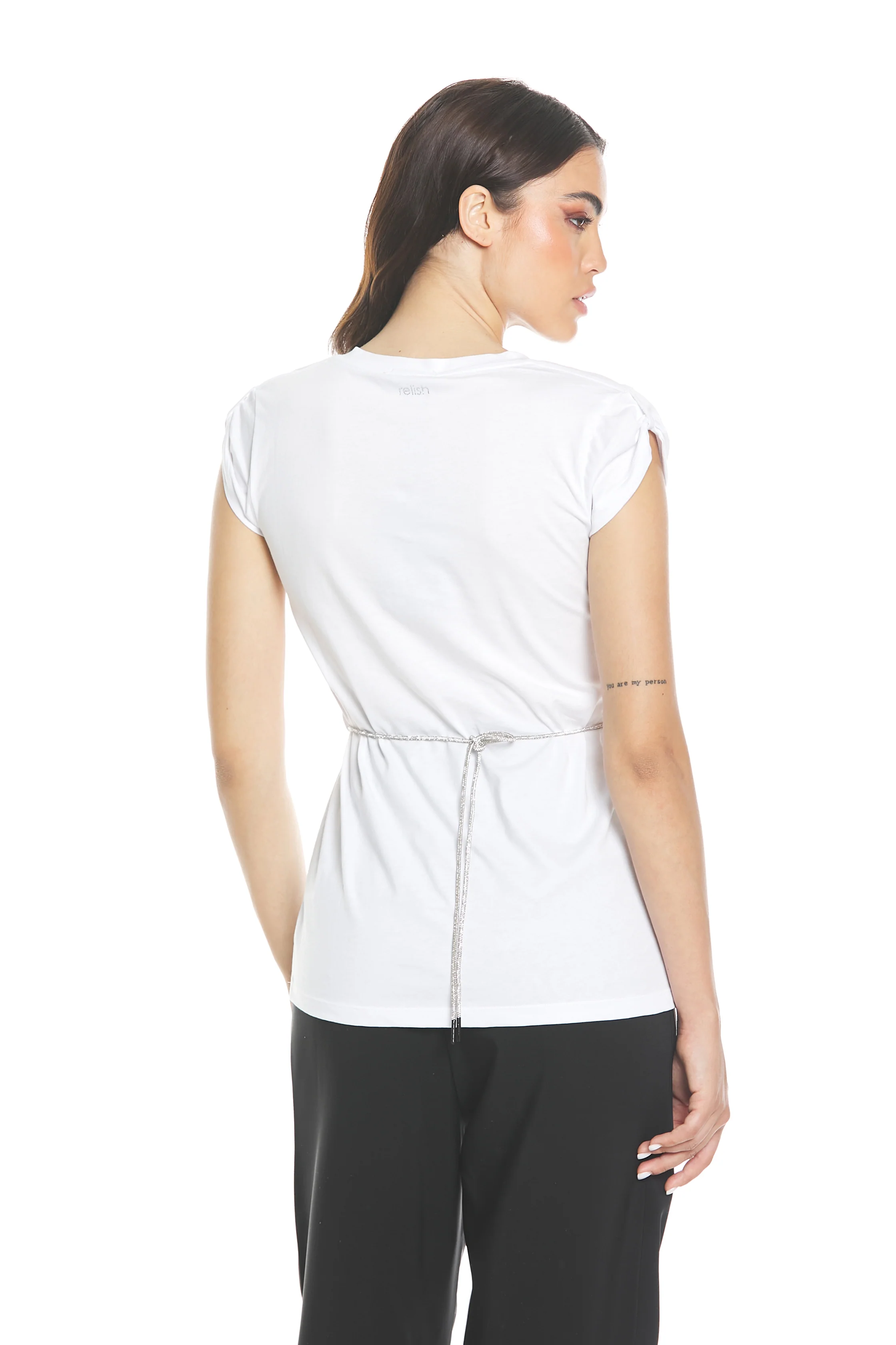 T-shirt FINGERLIME mezza manica con passante scollo v con cintura strass - Image 4